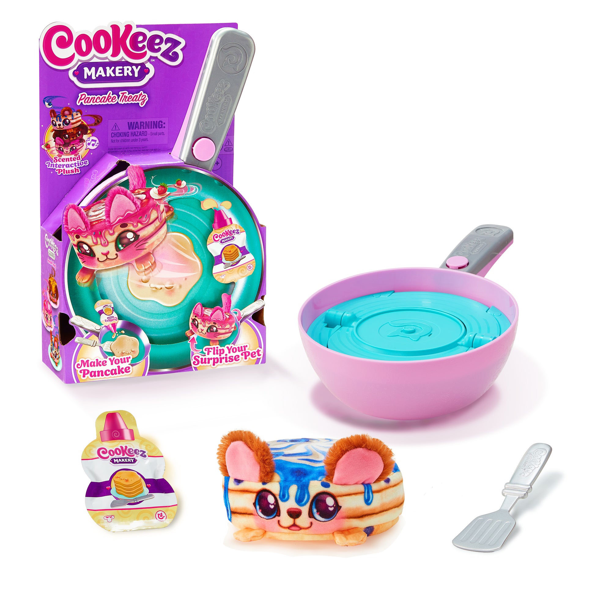 Cookeyez Makery pancake toy set with packaging, pan, and character on a white background