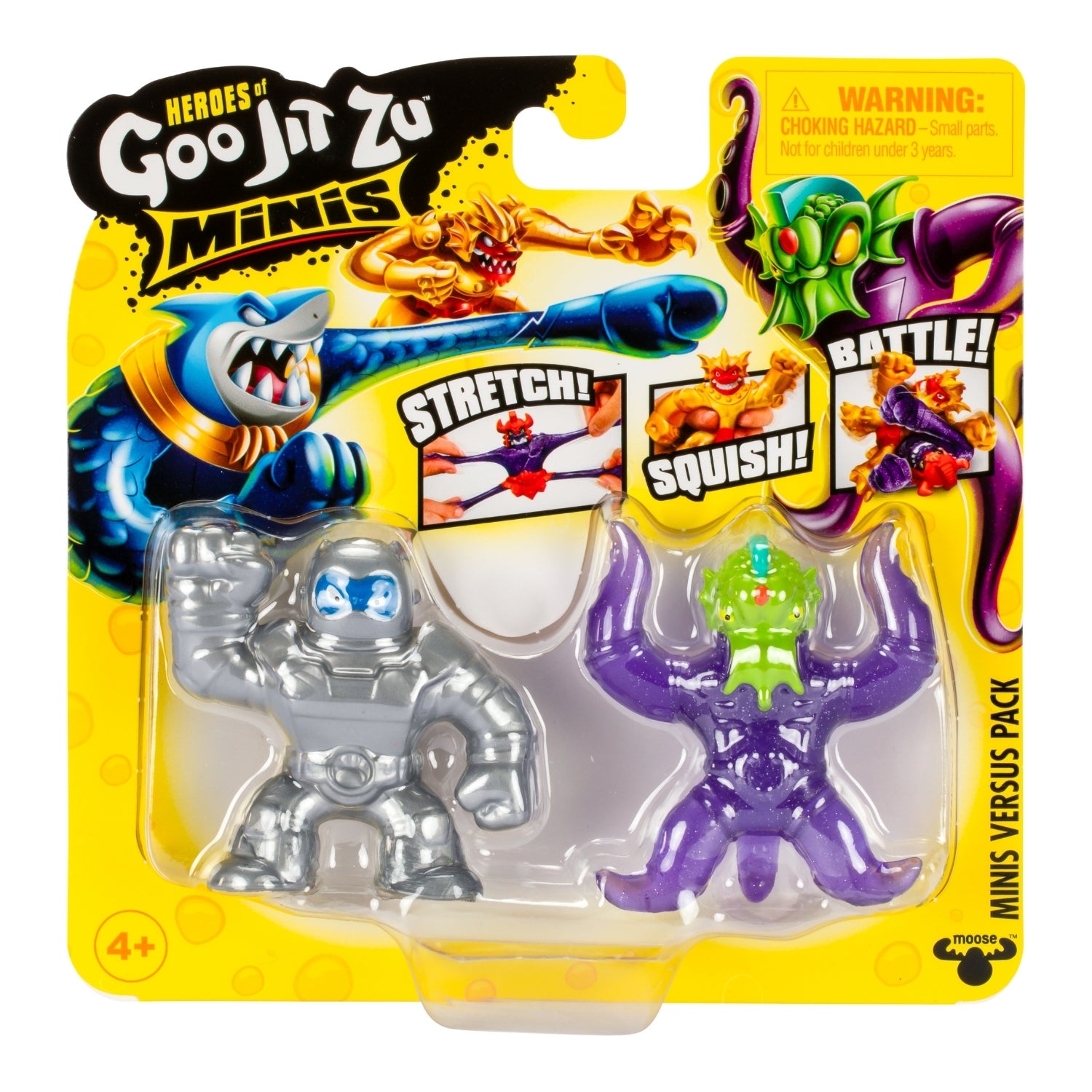 Goo Jin Zu Minis toy figures in packaging with action verbs on a yellow background