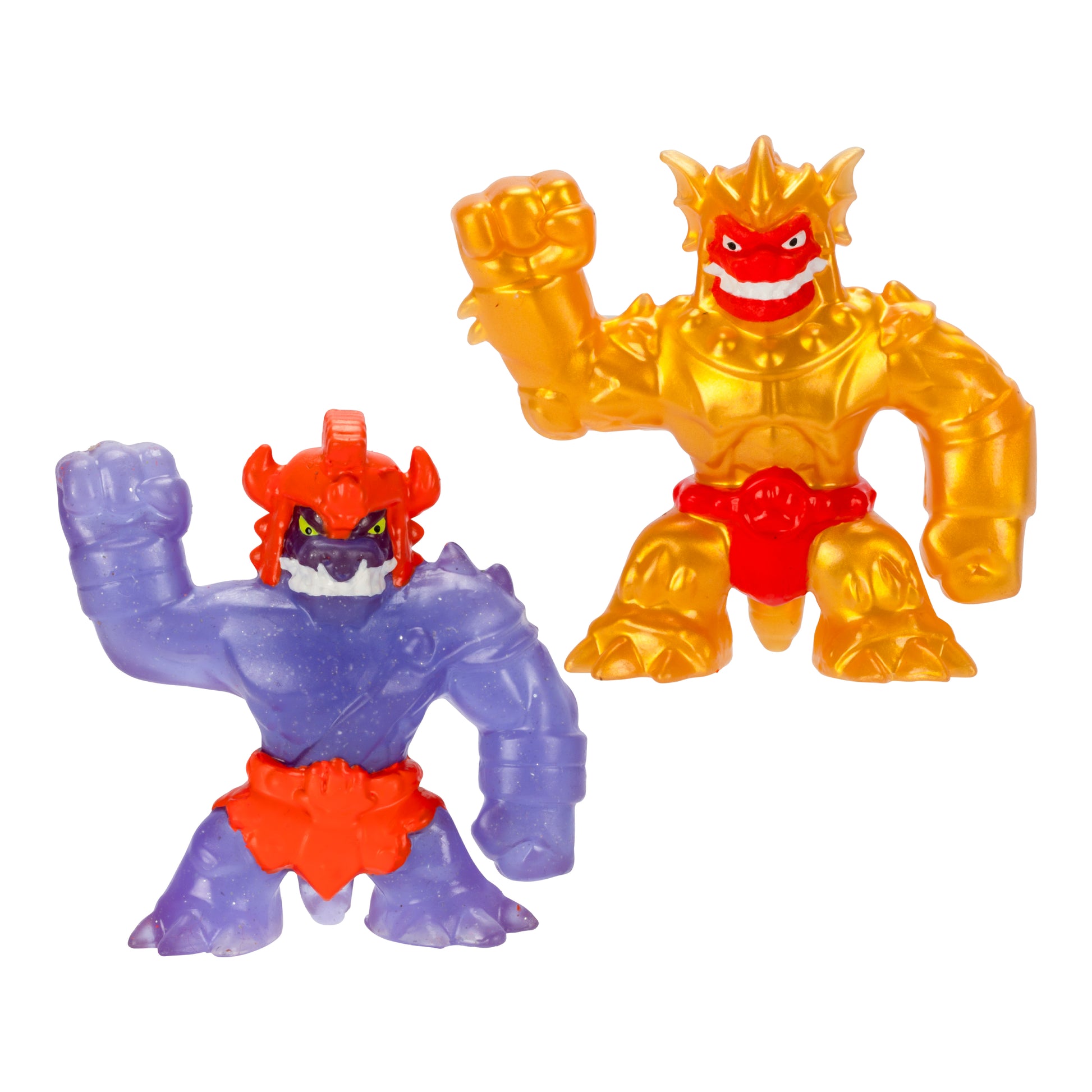 Two colorful action figures, one purple and one orange, on a white background