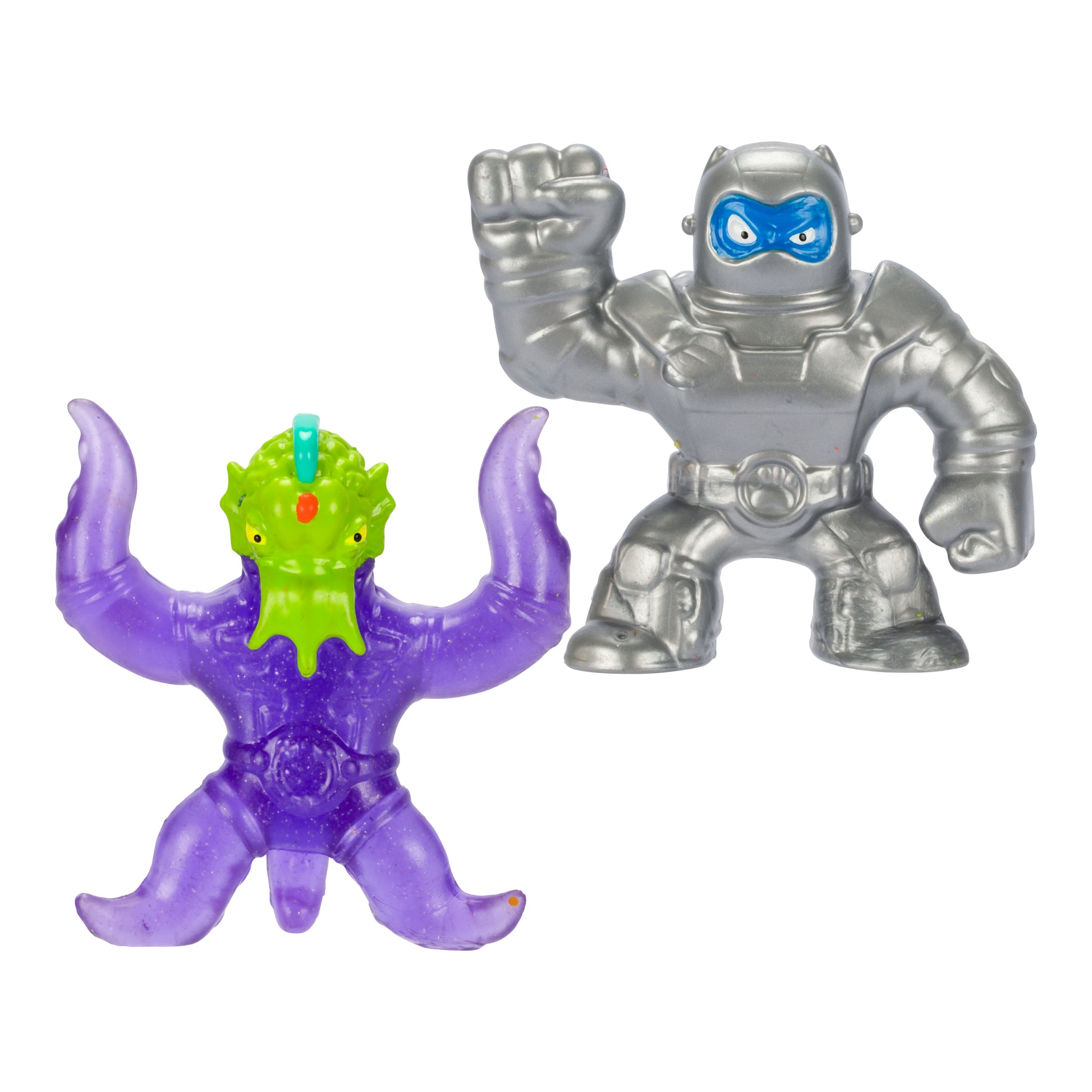 Two toy figures on a white background, one purple with green head and the other silver robot.