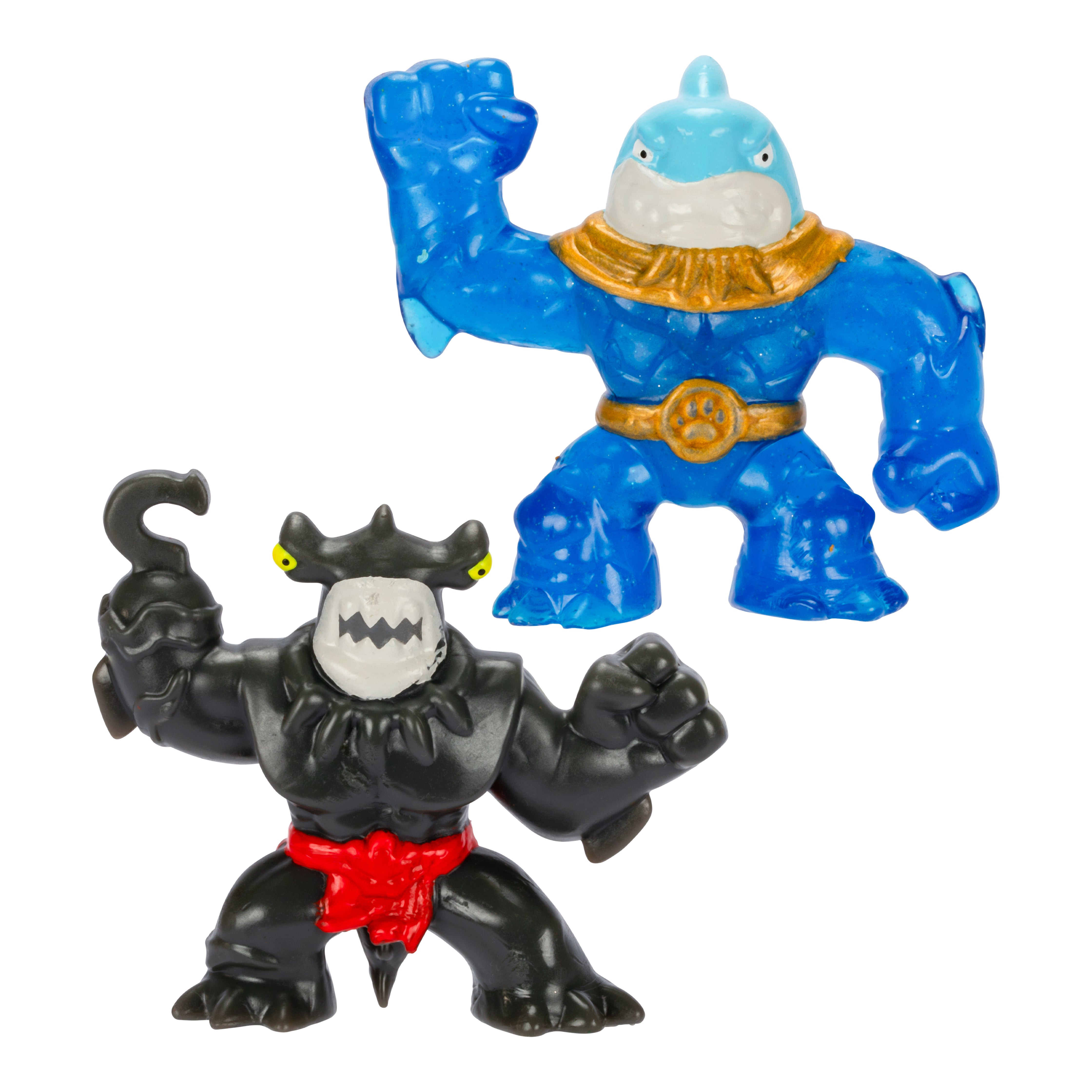 Two action figures, one blue and one black with red accents, on a white background.
