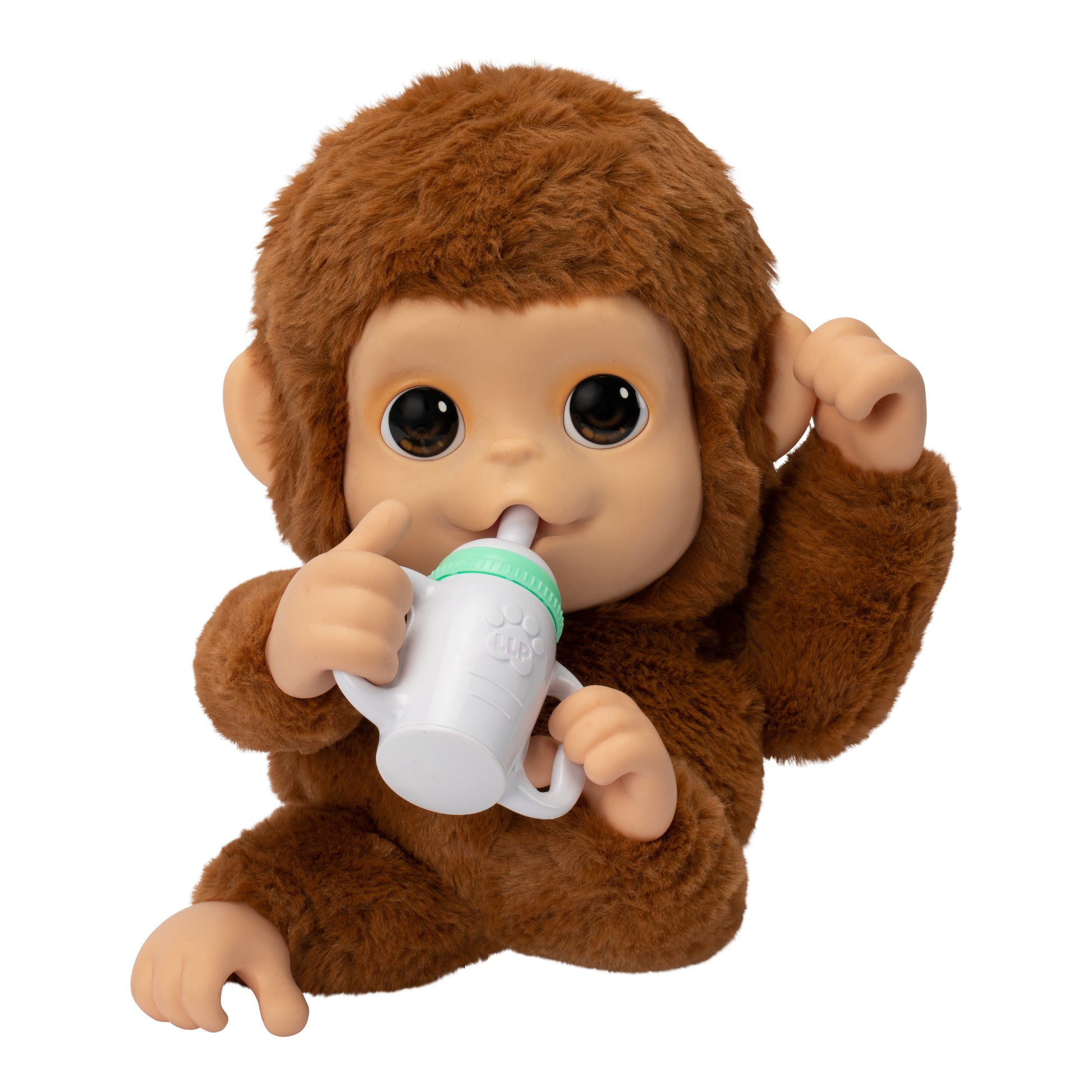 Stuffed monkey toy holding a white and green object on a white background