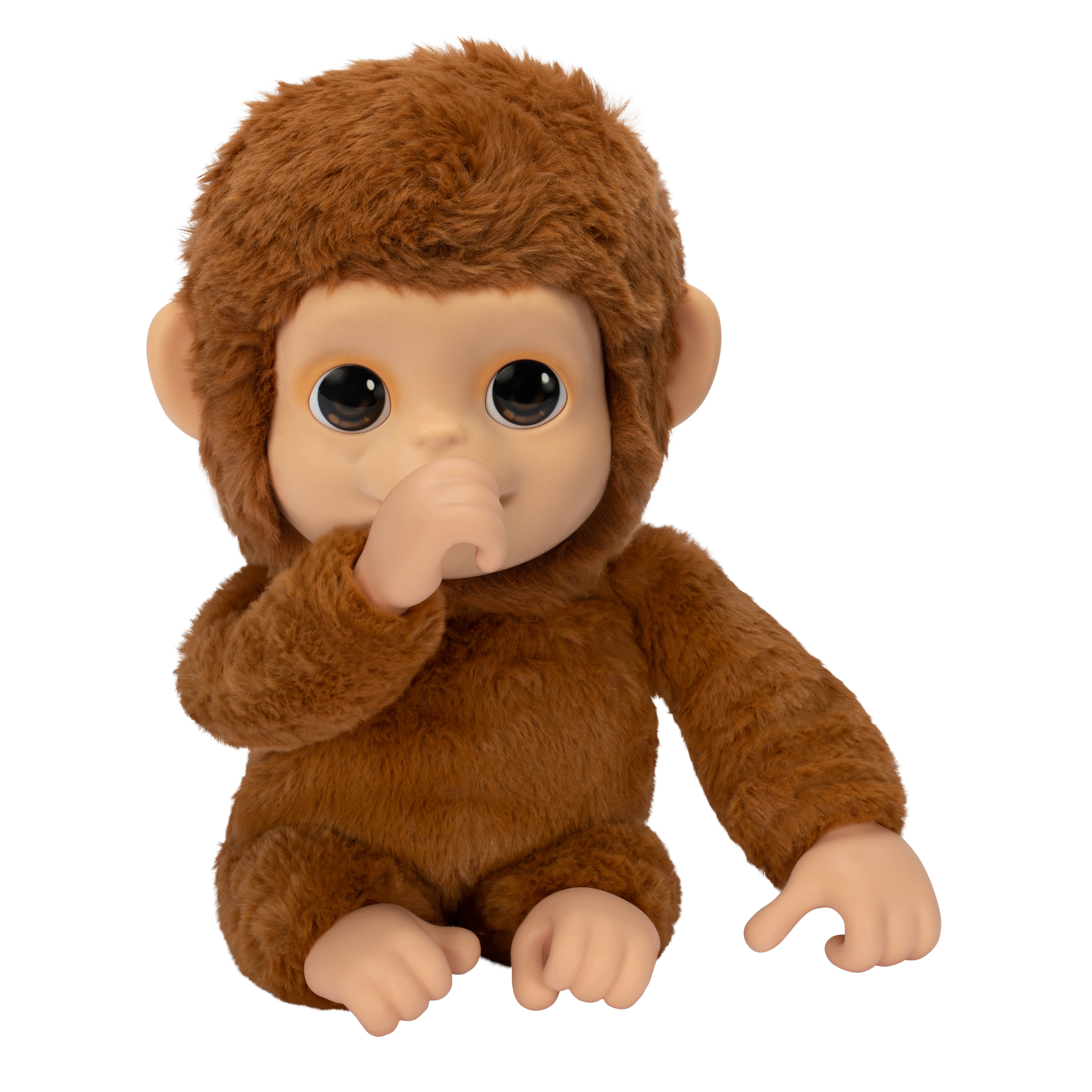 Brown plush monkey toy with a thoughtful expression on a white background