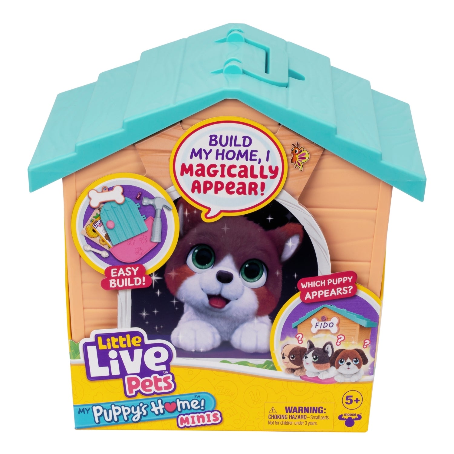 Little Live Pets toy packaging with a puppy and building instructions on a white background