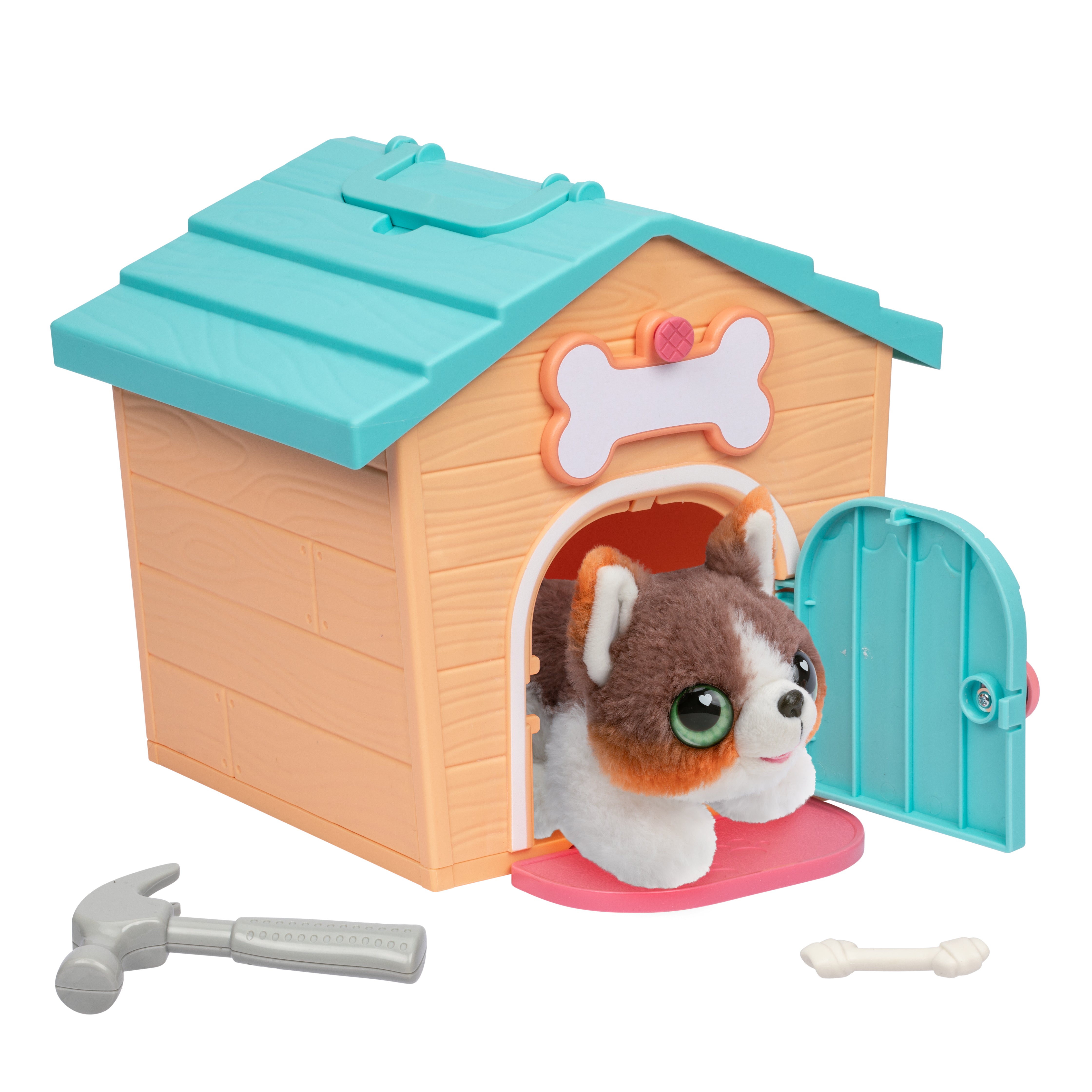 Toy doghouse with a small dog figure and accessories on a white background