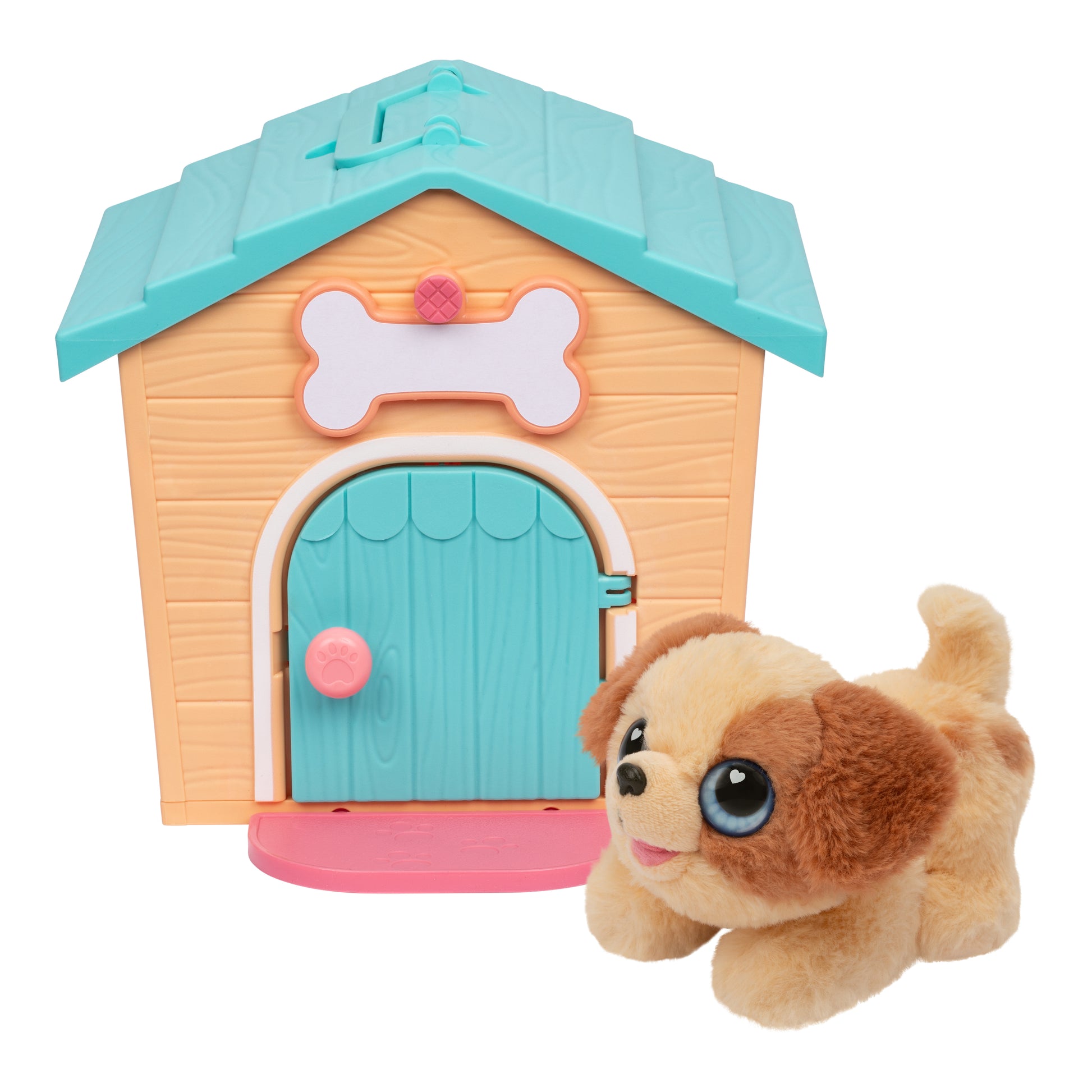 Toy doghouse with a small plush dog in front on a white background