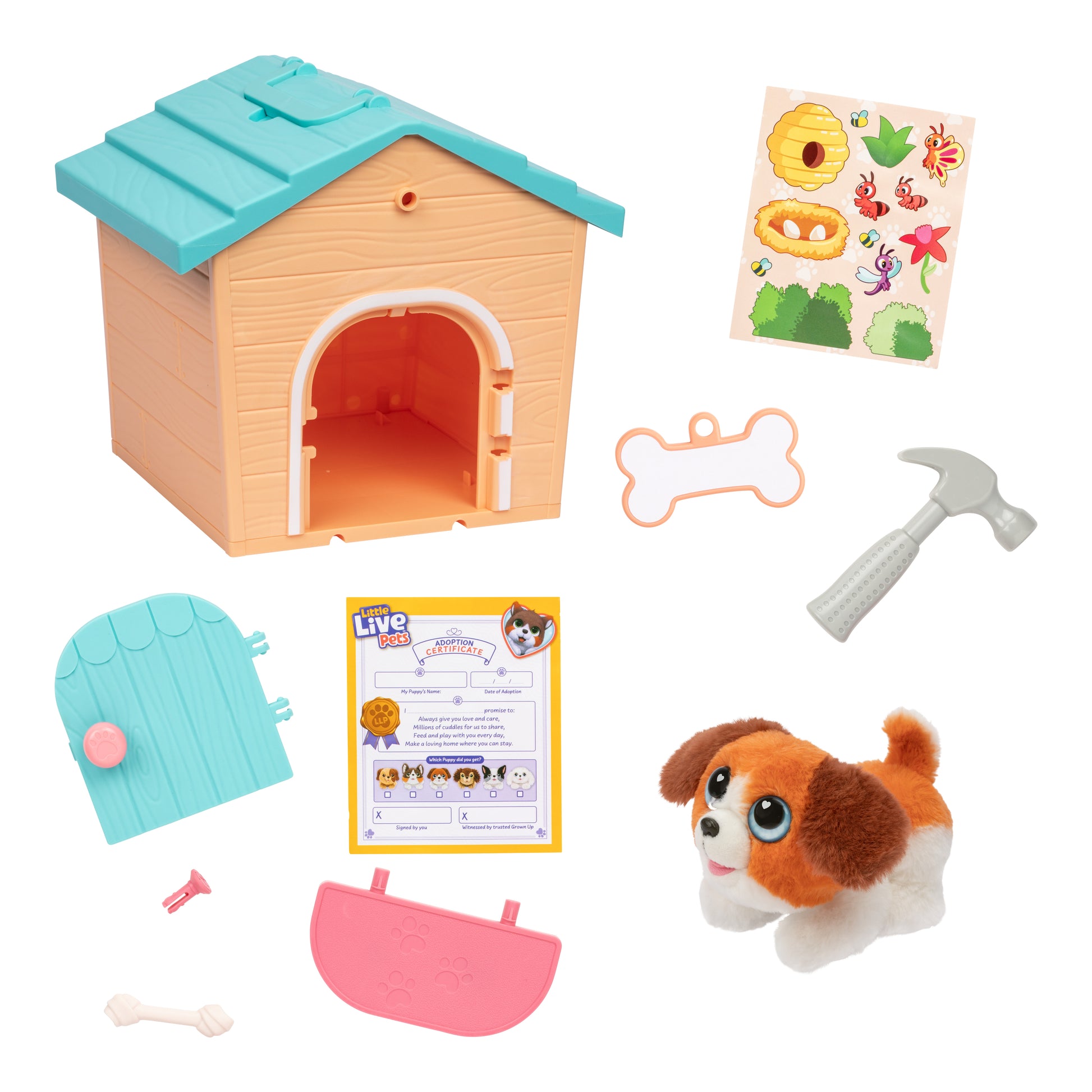 Toy doghouse with accessories including a plush dog, puzzle, and tools on a white background