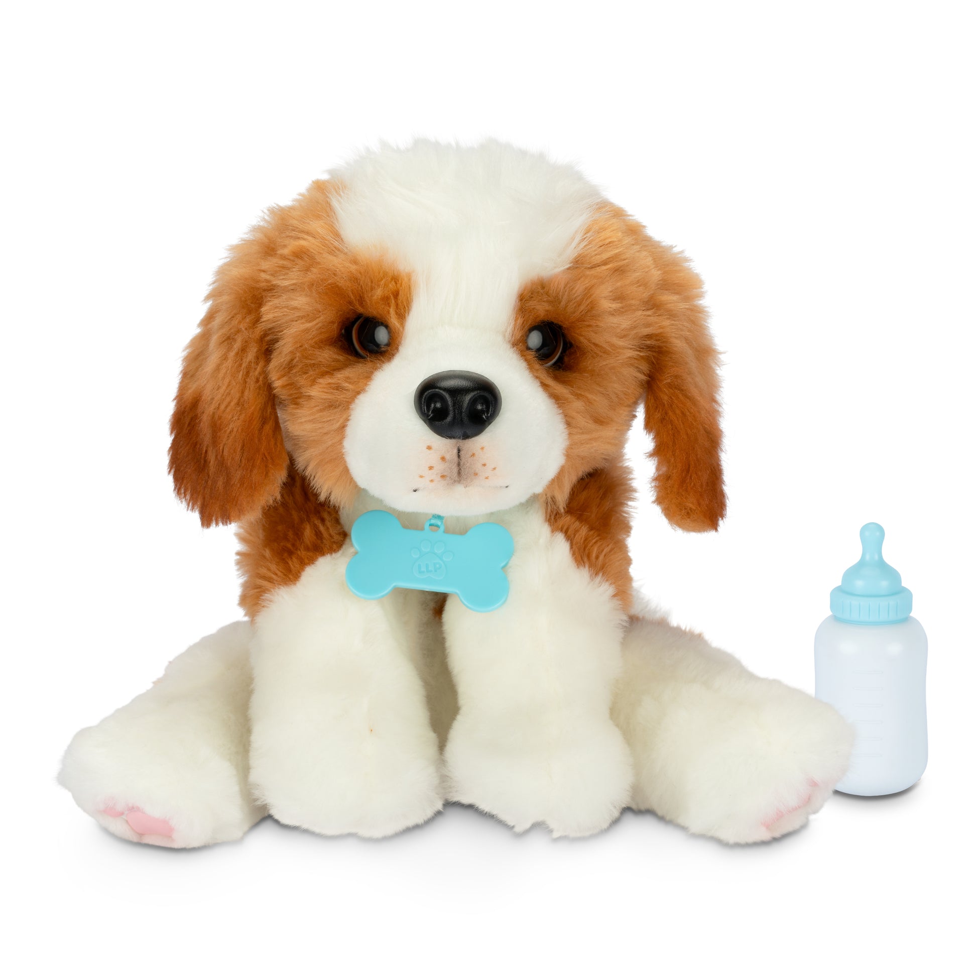 Plush dog toy with a blue bone tag and a bottle on a white background