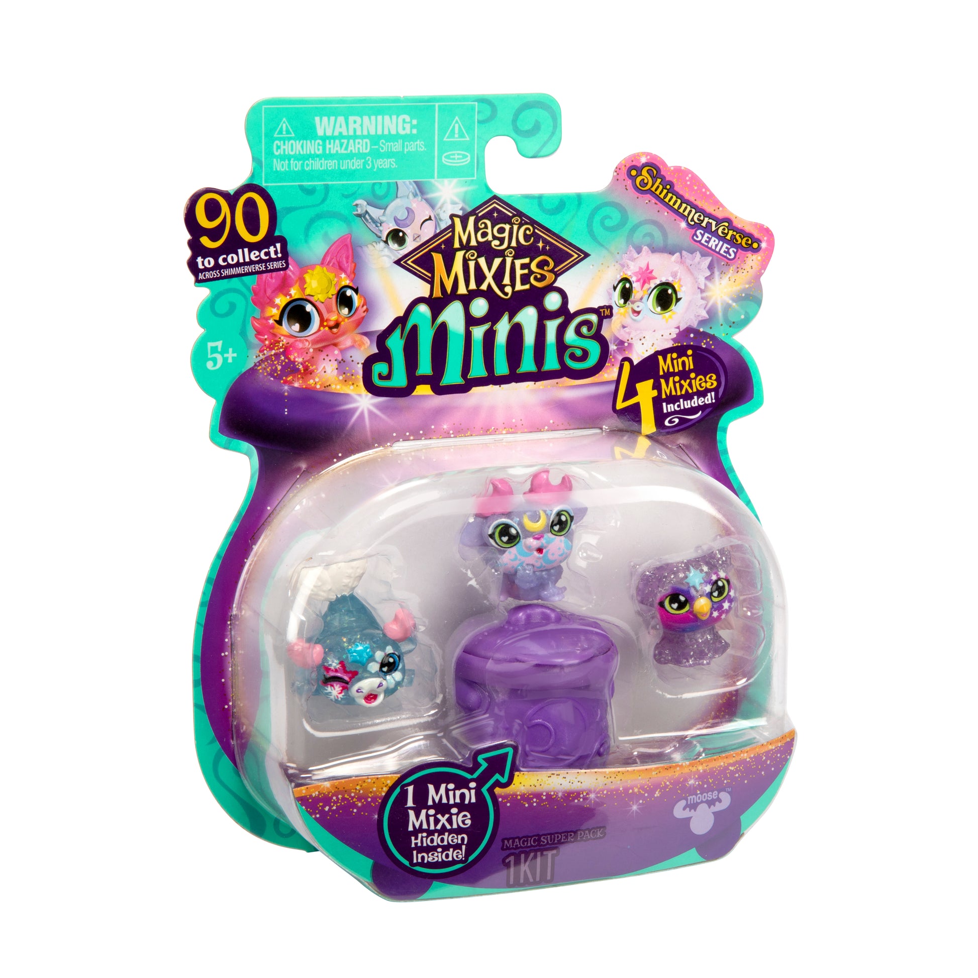 The Magic Mixies Minis 4-Pack includes four collectible Mixies animal figurines and a magical mini cauldron, packaged with promotional text and bright, whimsical graphics.