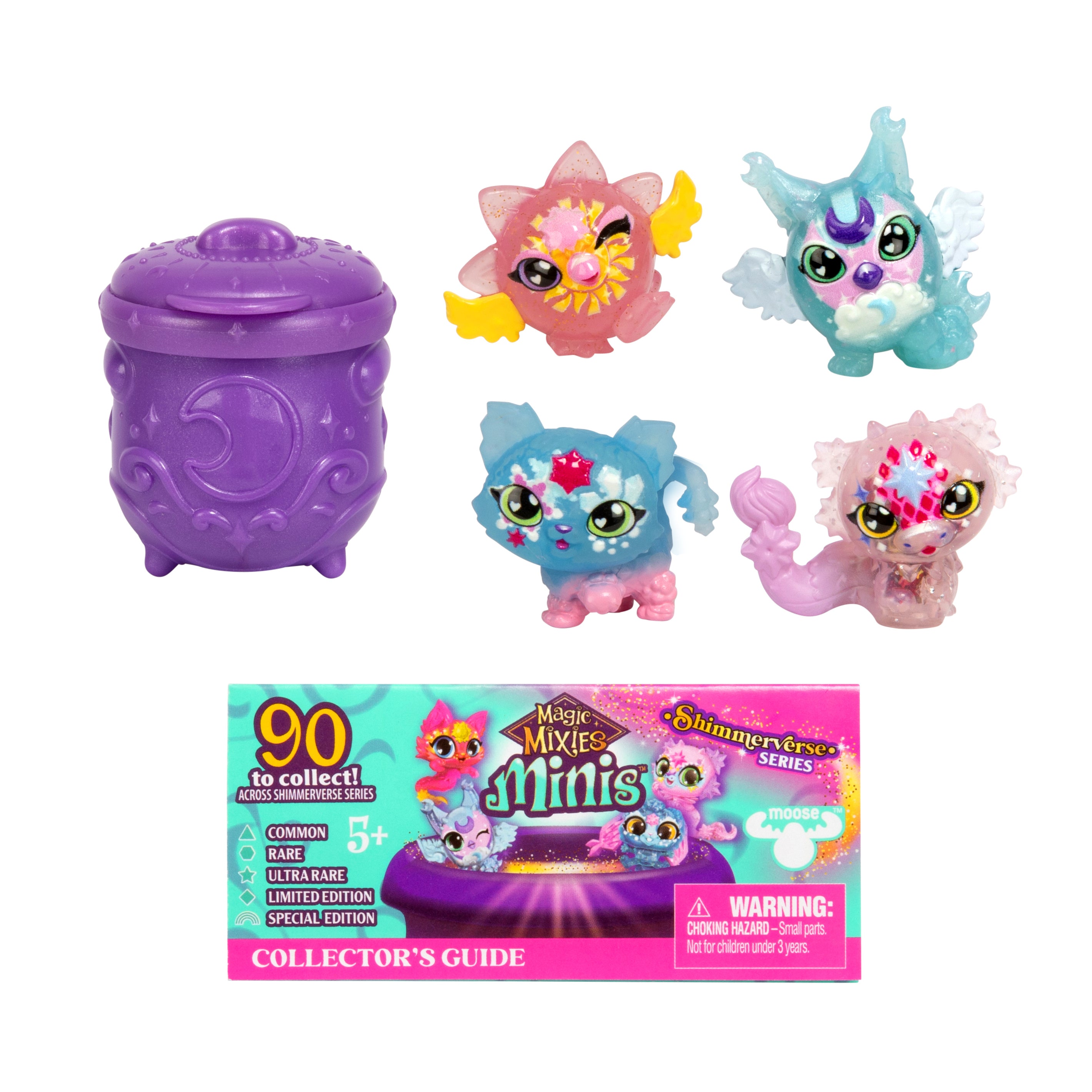 The Magic Mixies Minis 4-Pack includes a purple mini cauldron, four colorful big-eyed collectible Mixies animal figurines, and a collector’s guide card. Suitable for ages 5 and up.