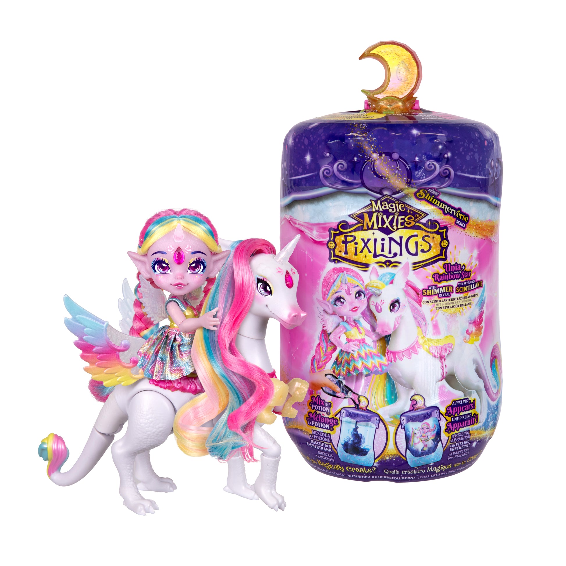 Toy figure of a girl with rainbow hair riding a unicorn next to its packaging