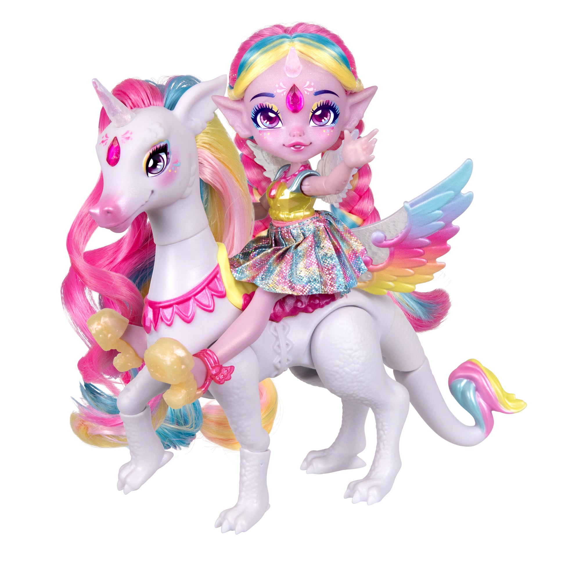 Toy figure of a girl with rainbow hair riding a unicorn with colorful mane and tail on a white background
