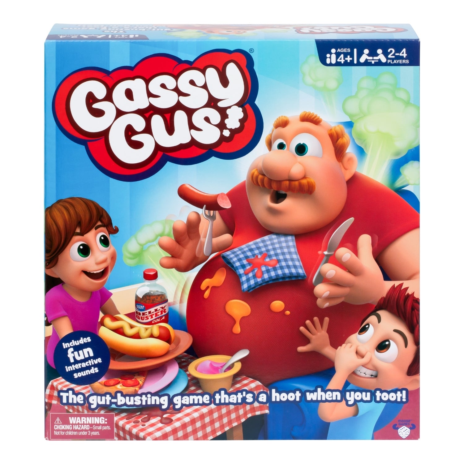 Box of 'Gassy Gus' board game with cartoon character and text on a white background