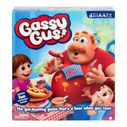 Box of 'Gassy Gus' board game with cartoon character and text on a white background