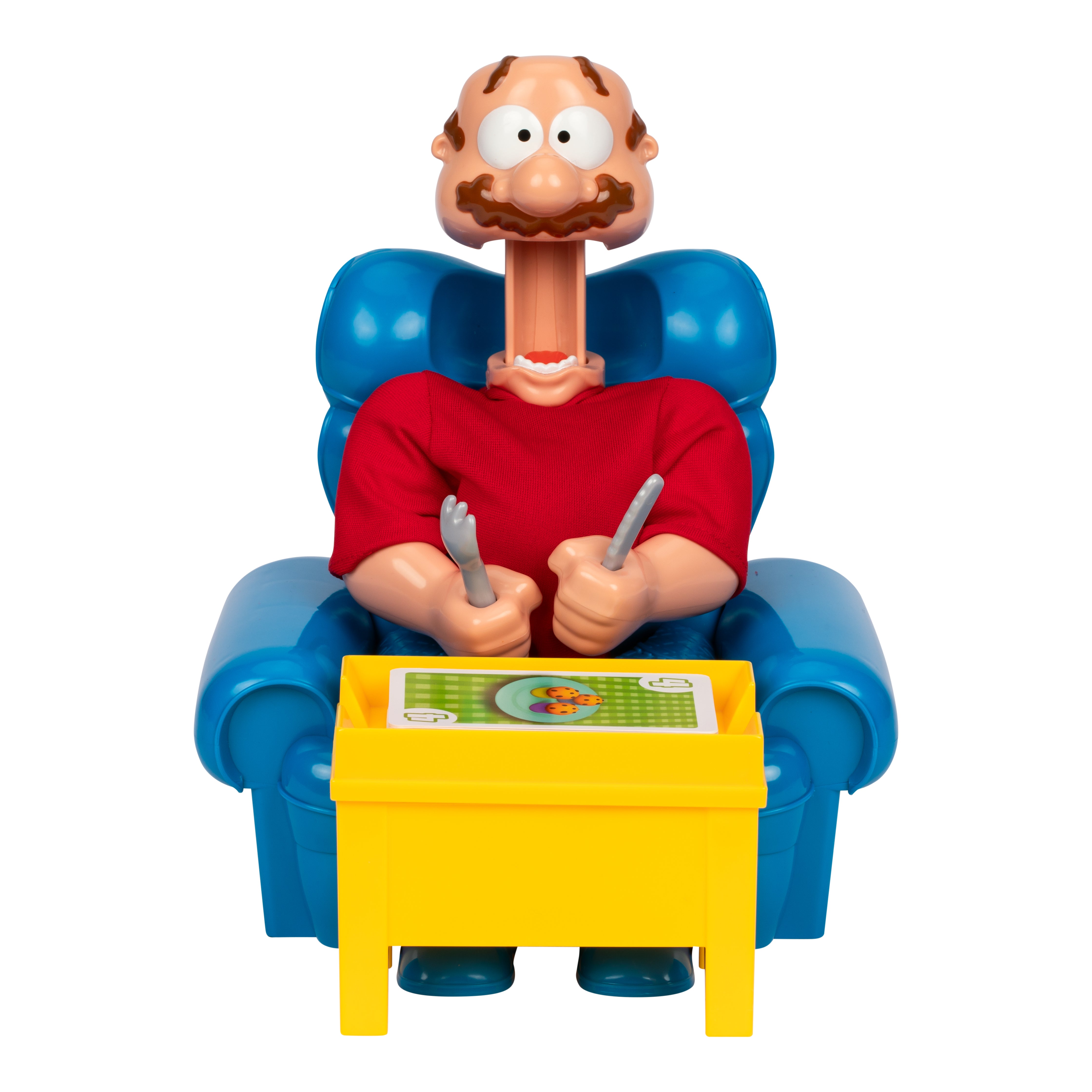 Cartoon character figure sitting in a blue armchair with a yellow table, holding a fork and knive.