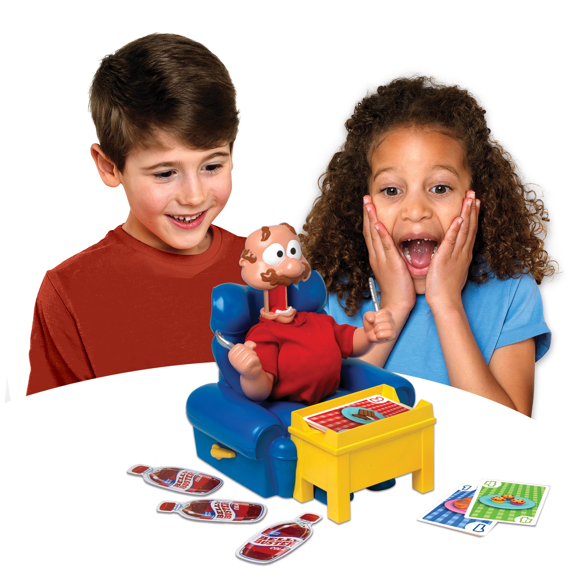Two children playing with a toy set featuring a character in a blue chair with cards around.