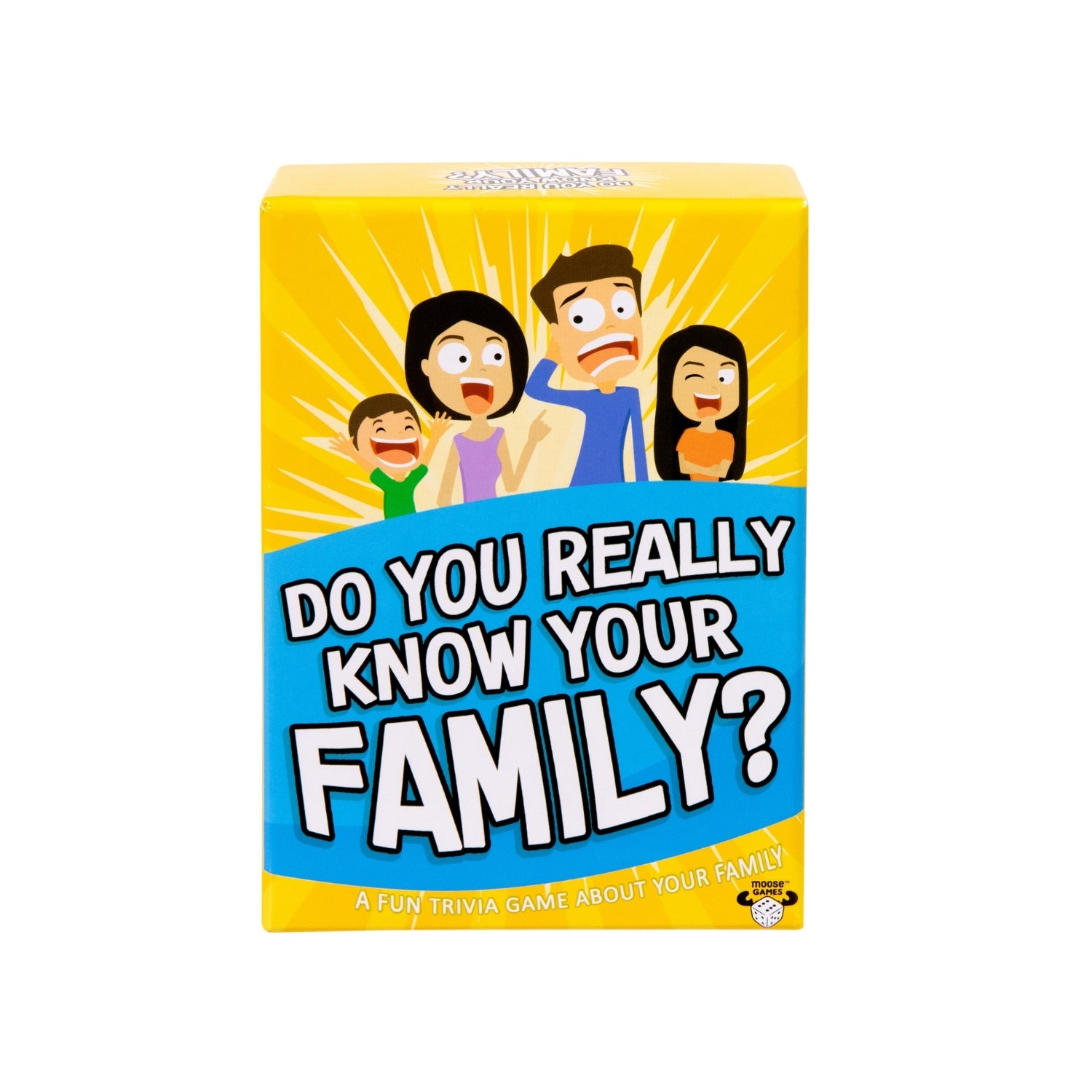 Board game box titled 'Do You Really Know Your Family?' with cartoon family illustration on a white background