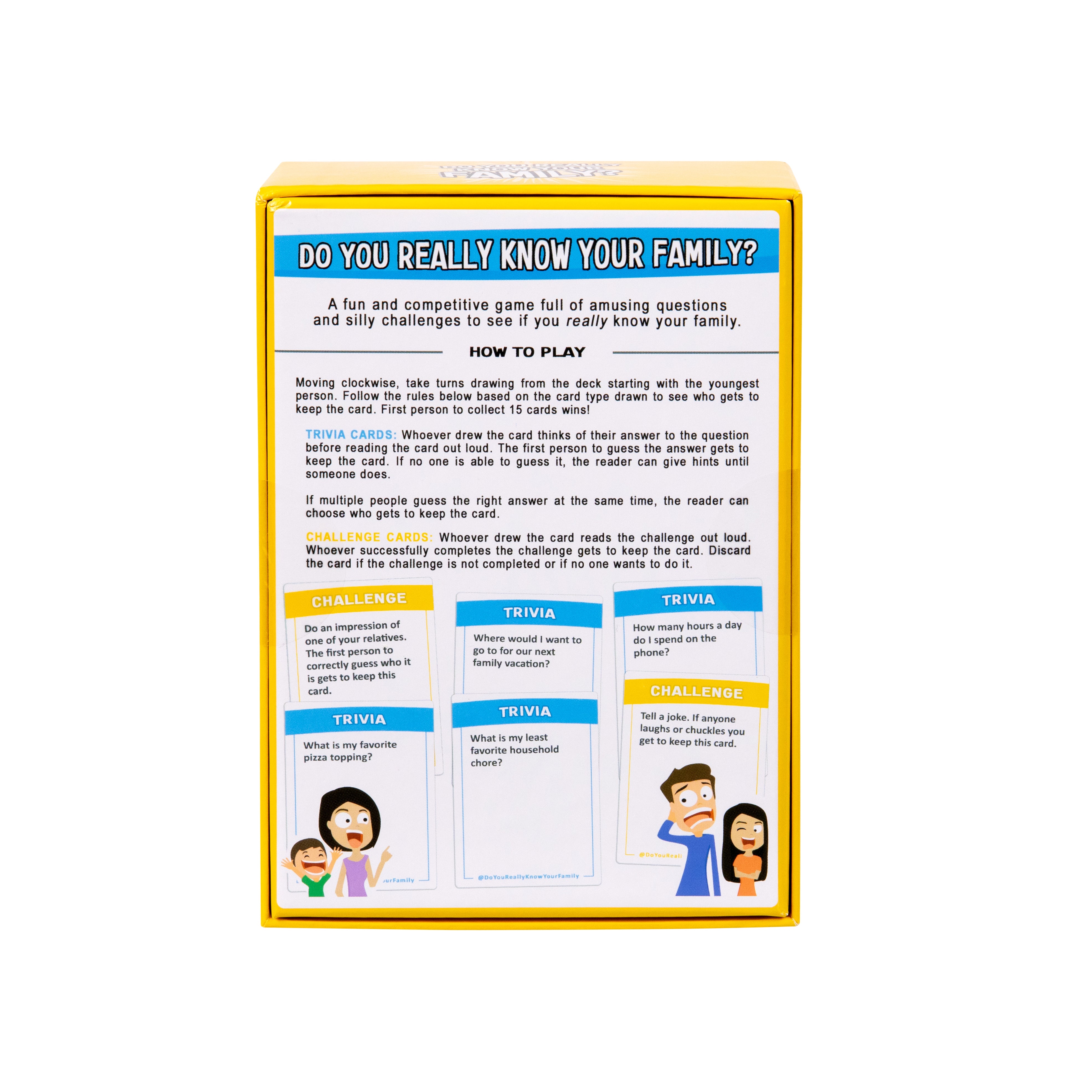 Family trivia game box with instructions and illustrations on a white background