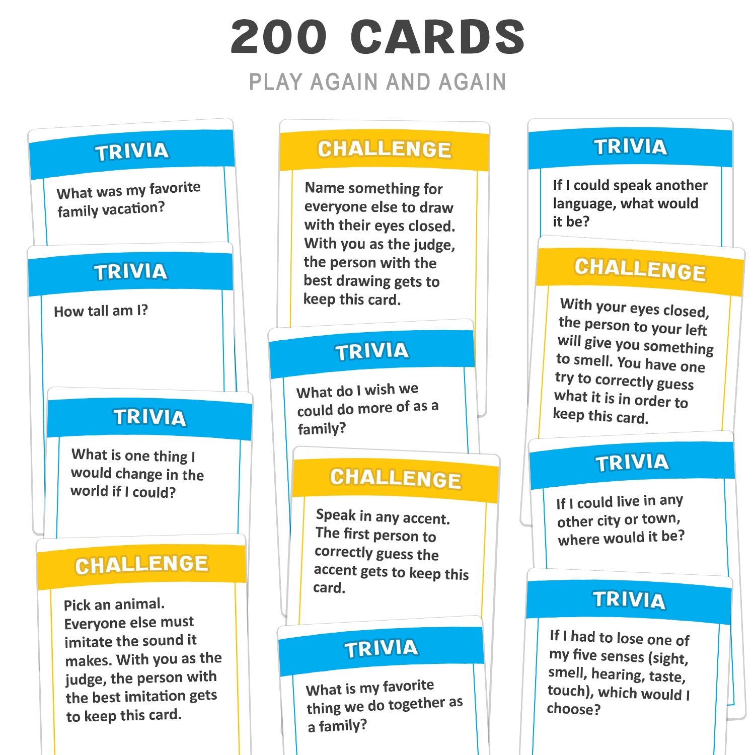 Set of trivia and challenge cards with text questions on a white background