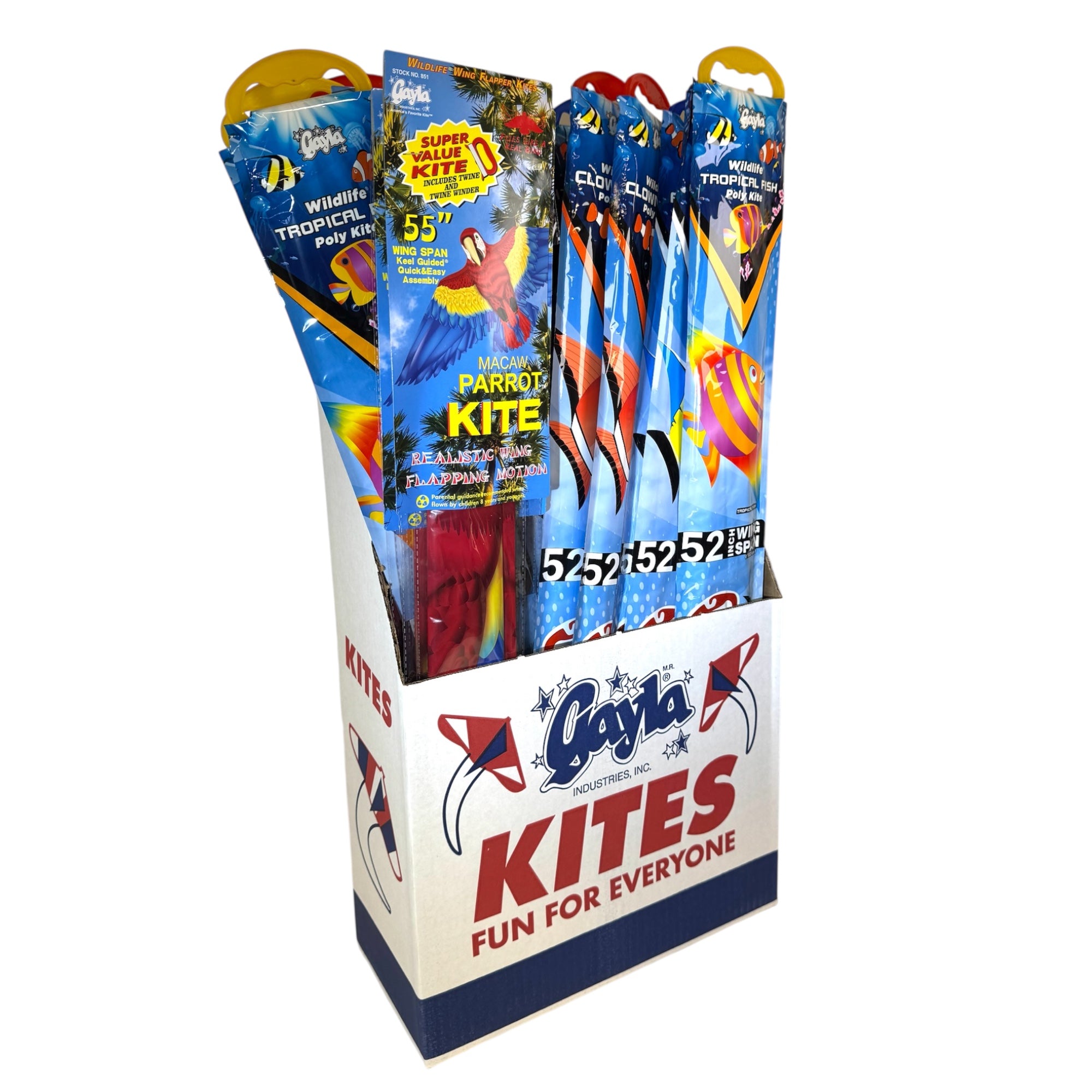 A display box labeled Gayla Flapper Kites holds several colorful, packaged shaped kites with designs like tropical birds and fish. Some packages advertise Super Value Pack and measure 55 inches. Fun for everyone!.