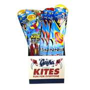 A display box labeled Gayla Flapper Kites contains colorful packaged shaped kites, including macaw parrot, clown fish, and tropical fish designs—perfect as a beach kite for all ages.