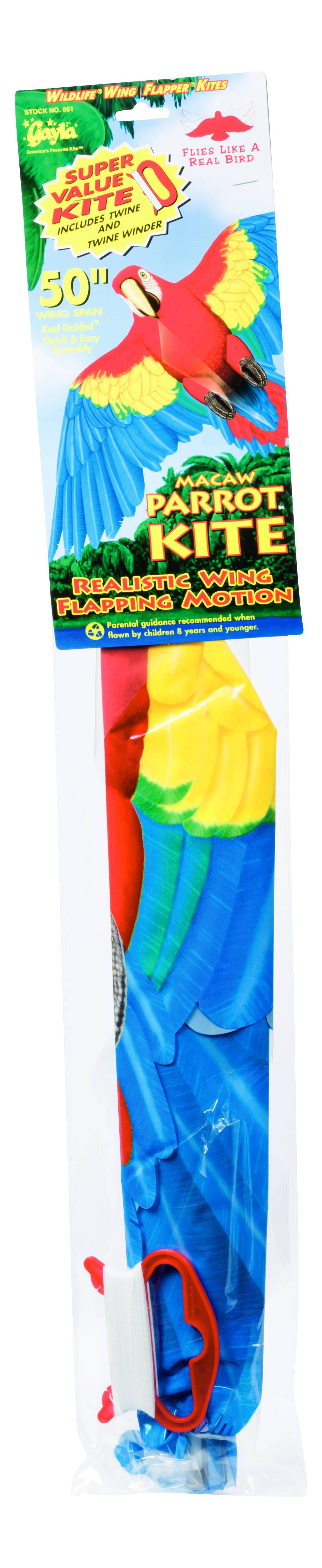 The Gayla Flapper Kites feature a colorful parrot design with bright blue wings, red body, yellow head, a 50-inch wingspan, flying line, winder, and lifelike flapping motion. Packaging reads "Parrot Kite.
