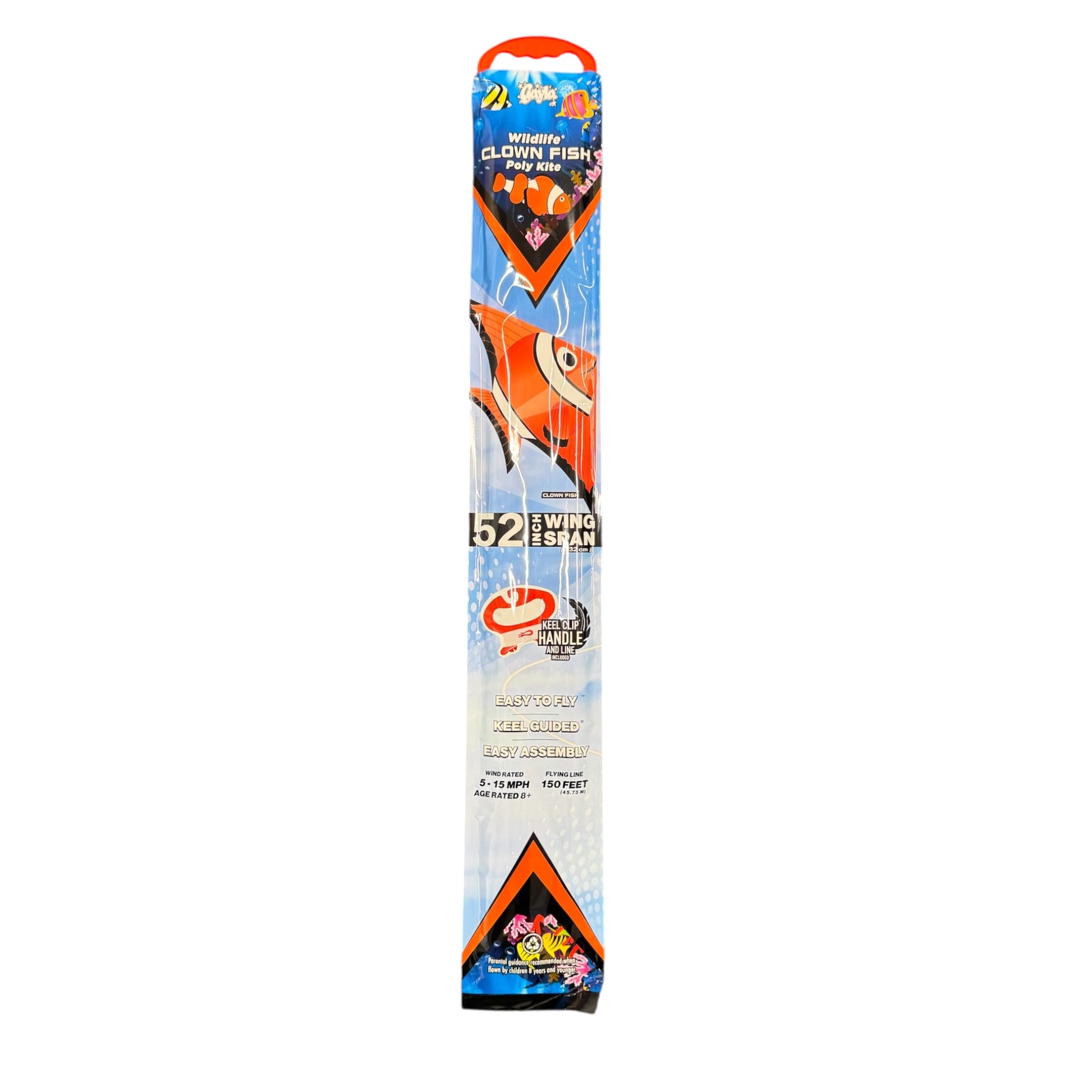 The Gayla Flapper Kites 52-inch clownfish-shaped kite features vibrant orange, black, and white colors, lifelike flapping motion, an EZ handle, easy assembly instructions, and packaging with cartoon images and product info.