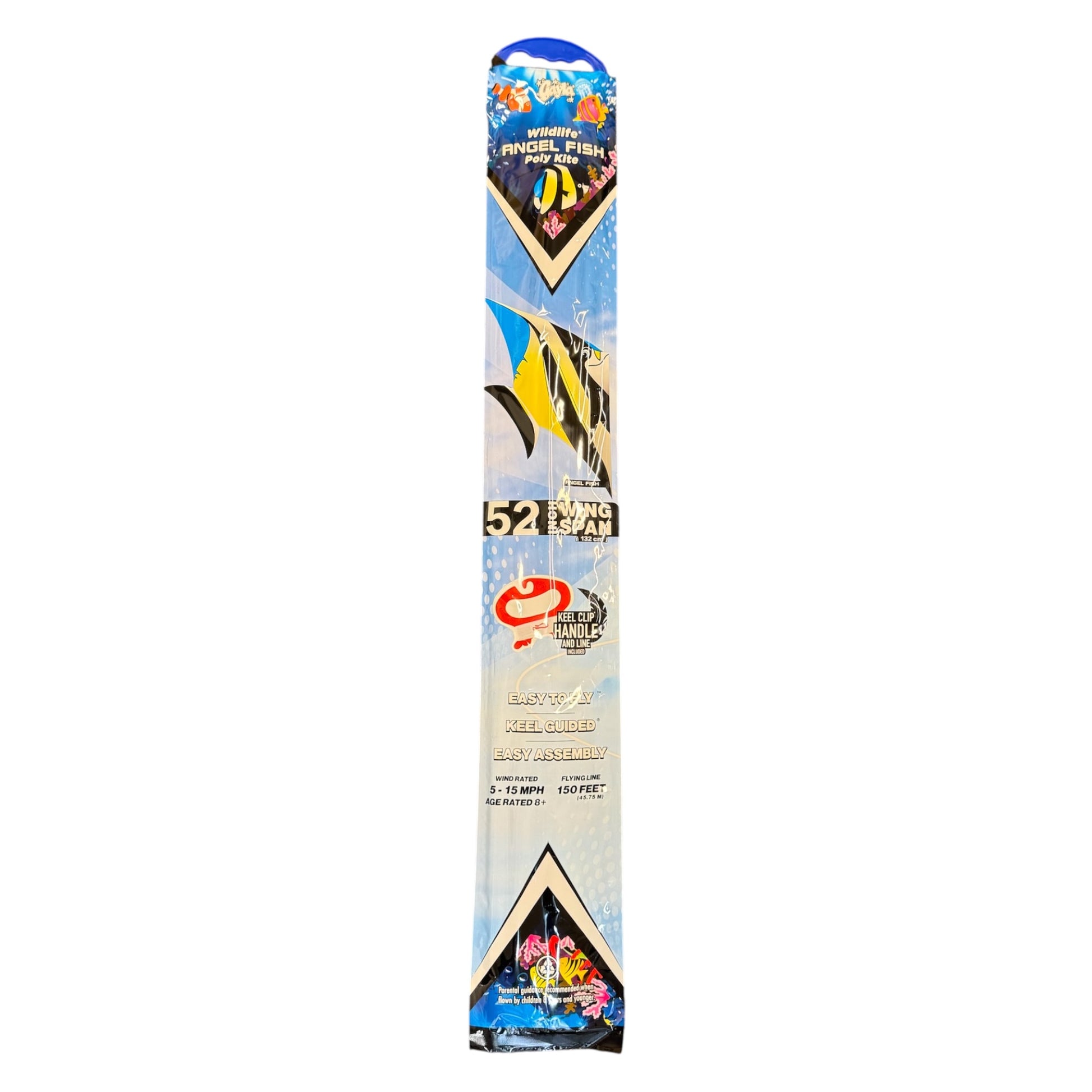 A tall blue and white package for the 52-inch Gayla Flapper Kite, angelfish-shaped with vibrant fish artwork, branding, and info on easy assembly, lifelike flapping motion, and smooth beach flying.