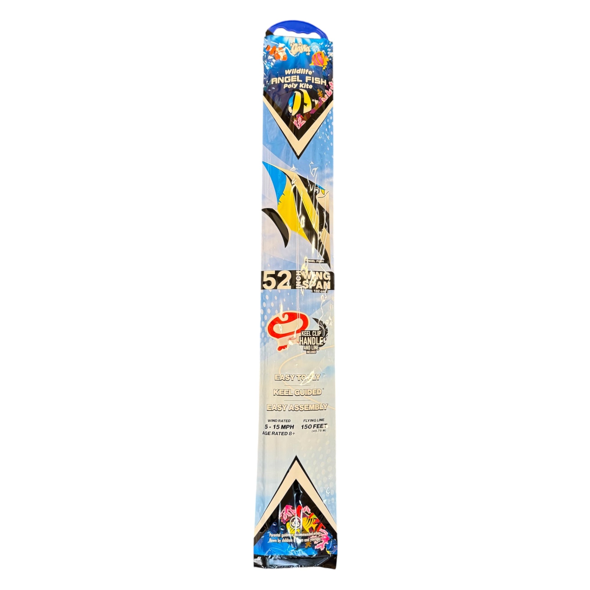 A tall blue and white package for the 52-inch Gayla Flapper Kite, angelfish-shaped with vibrant fish artwork, branding, and info on easy assembly, lifelike flapping motion, and smooth beach flying.