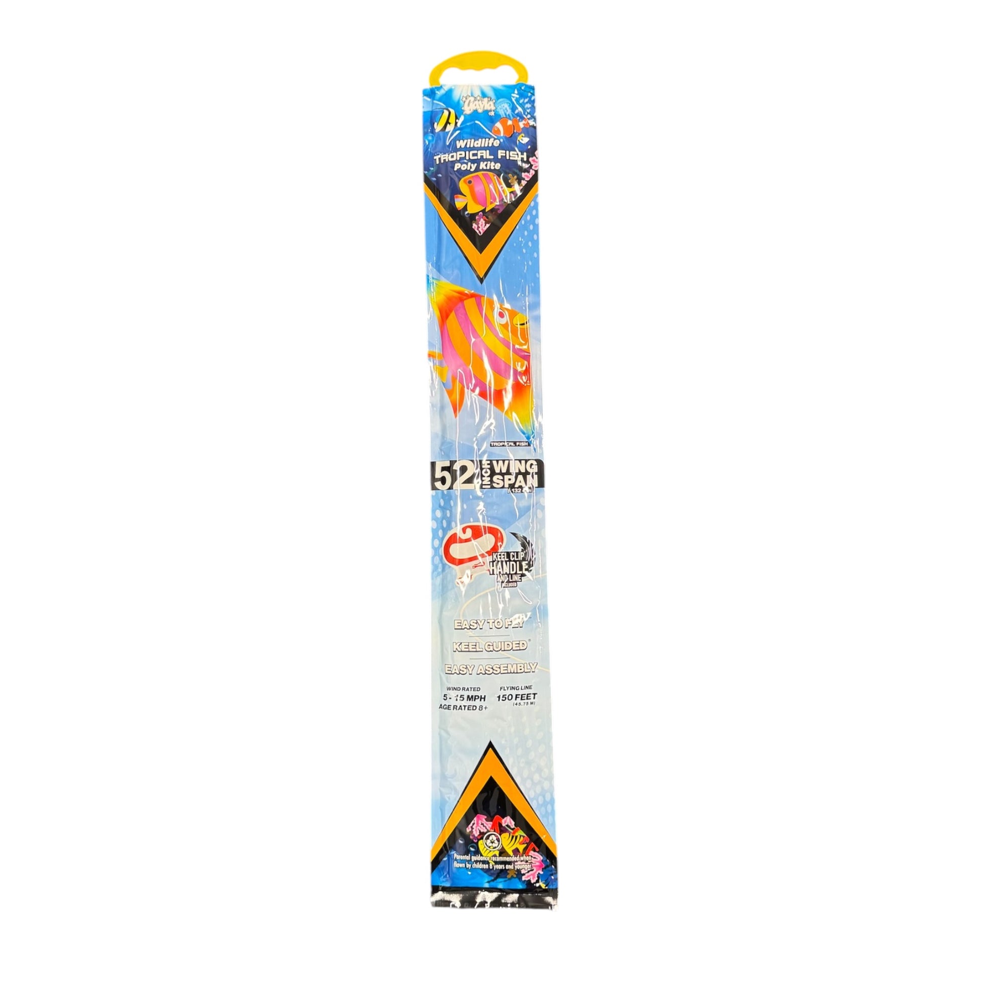 The Gayla Flapper Kites 52-inch Wingo Tropical Fish beach kite features vibrant fish graphics on blue packaging and offers lifelike flapping motion for realistic, colorful fun.
