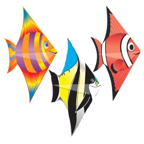 Three colorful, cartoon-style Gayla Flapper Kites—one orange with purple stripes, one yellow and black with blue fins, and one red with white stripes—are arranged side by side on a white background.