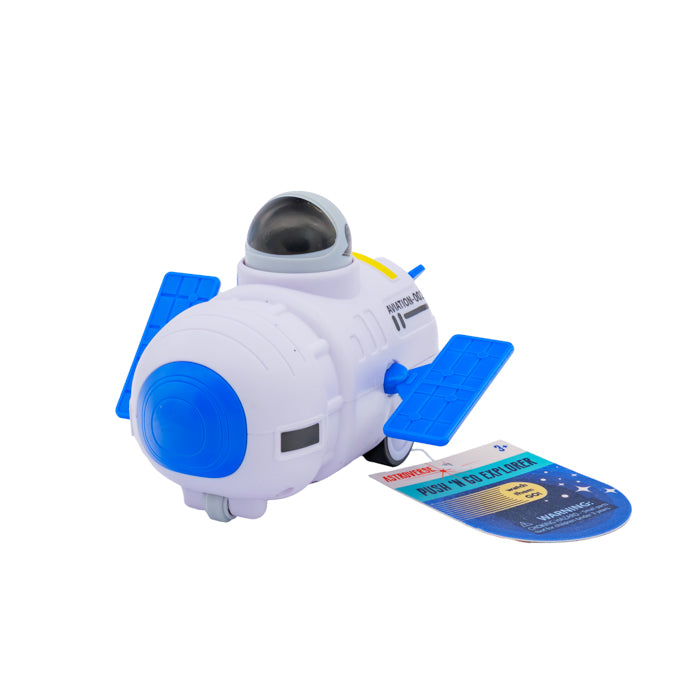 The Astroverse Push 'N Go Explorer by Astroverse features blue wings, a black-tinted dome, and comes with a blue Push n Try instruction card—perfect as a friction-powered vehicle for exciting space toy adventures.