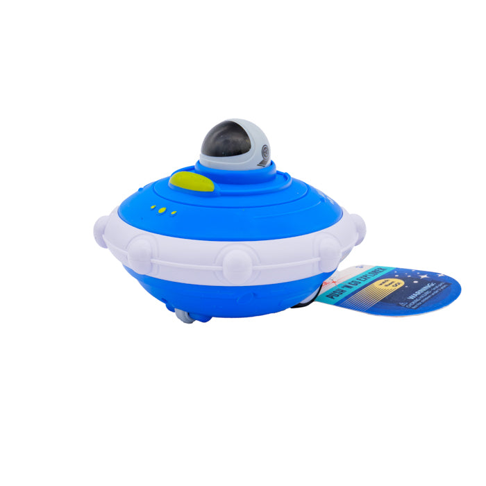 The Astroverse Push 'N Go Explorer by Astroverse, a blue and white UFO-shaped toy with a small dome, is shown on a white background with a tag attached.