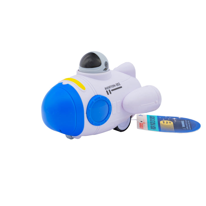 The Astroverse Push 'N Go Explorer by Astroverse is a toy submarine with a blue front, white and yellow body, side fins, small top dome, and features a tag with blue and yellow graphics.