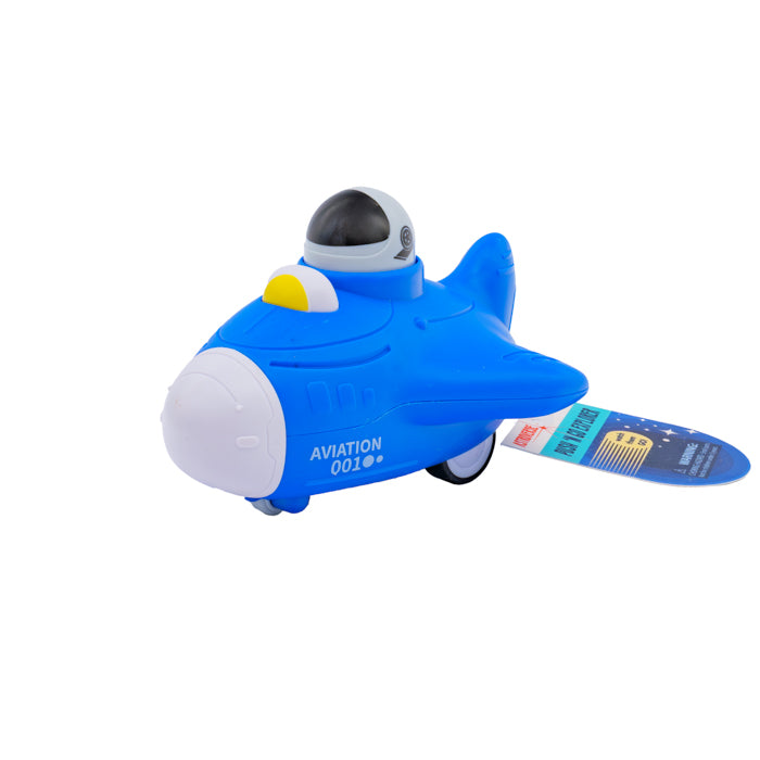 The Astroverse Push 'N Go Explorer is a blue friction vehicle with a rounded white nose, small wheels, and a black-and-white pilot in the cockpit. "AVIATION 001" is on the side, and a colorful tag hangs from the rear of this space toy plane.