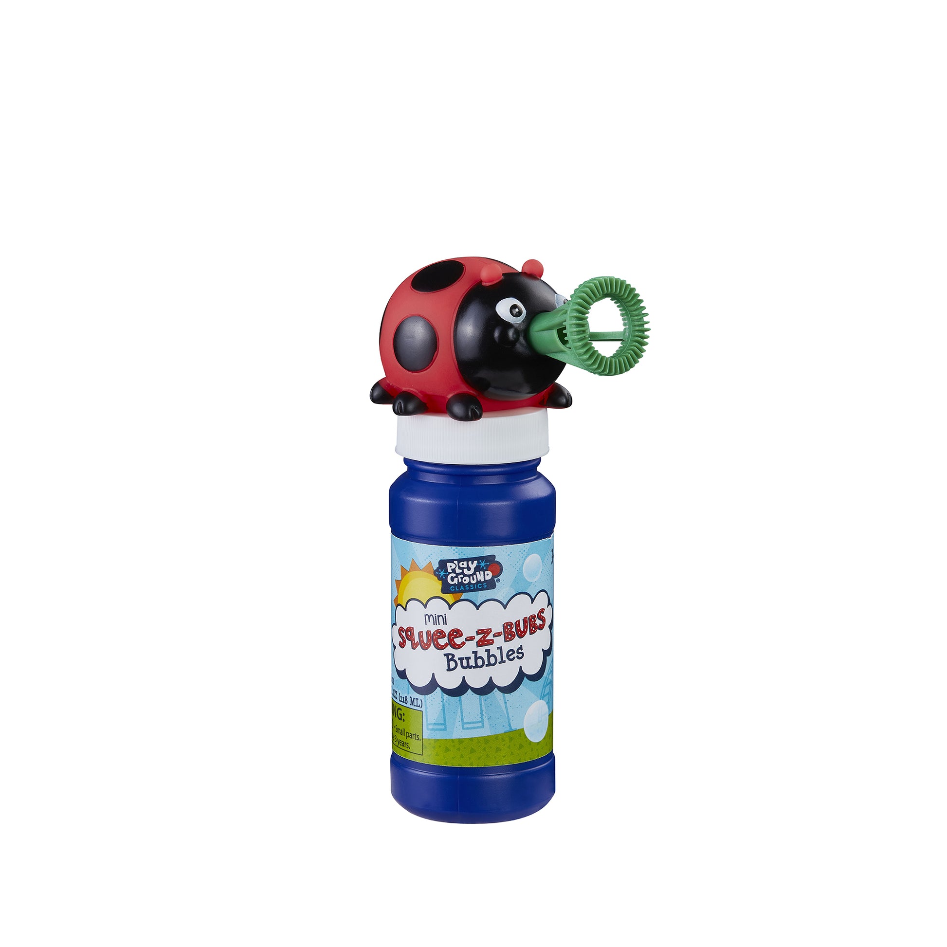 Playground Classics Squee-Z Bub Bubbles features a red and black ladybug cap, green bubble wand on the front, and a blue label. Perfect for kids’ outdoor play. Brand: Playground Classics.