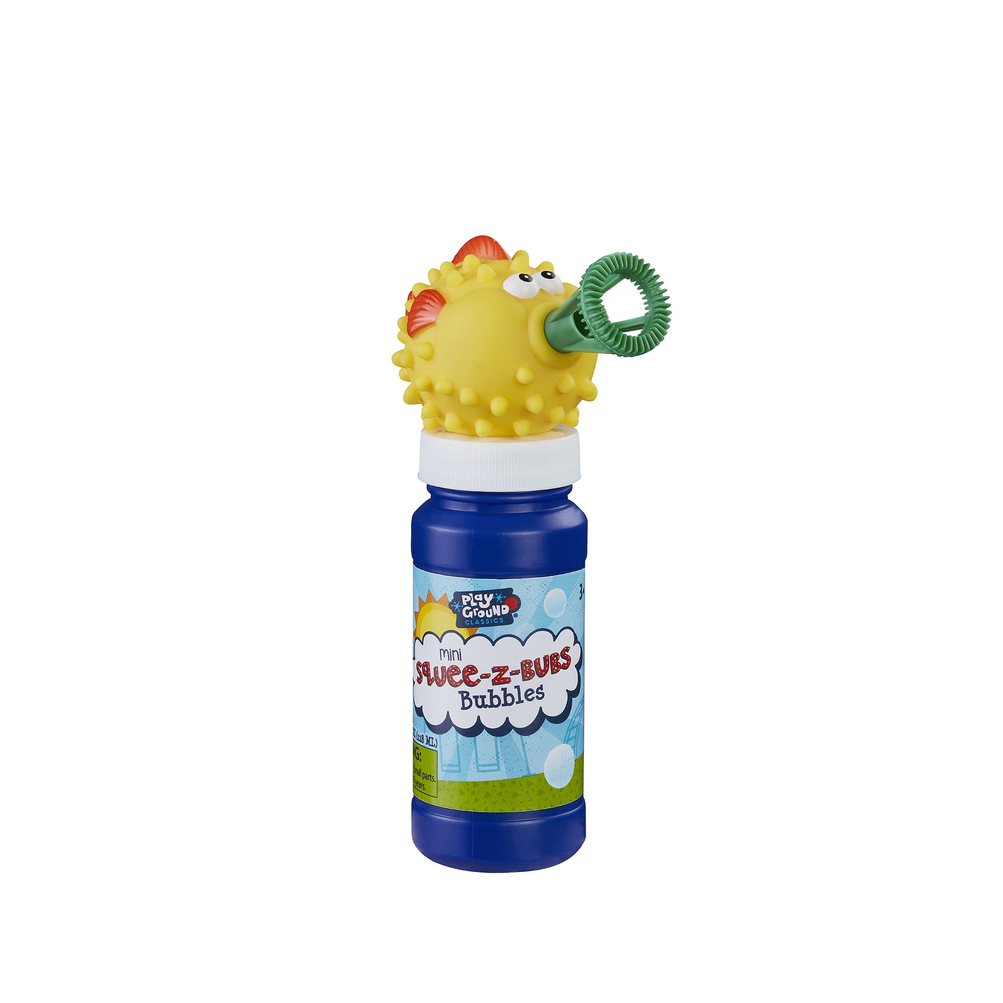 Playground Classics Squee-Z Bub Bubbles by Playground Classics: A blue bottle with a yellow spiky fish-shaped bubble blower, complete with googly eyes and a bubble wand—ideal for kids’ outdoor fun and endless bubbles.