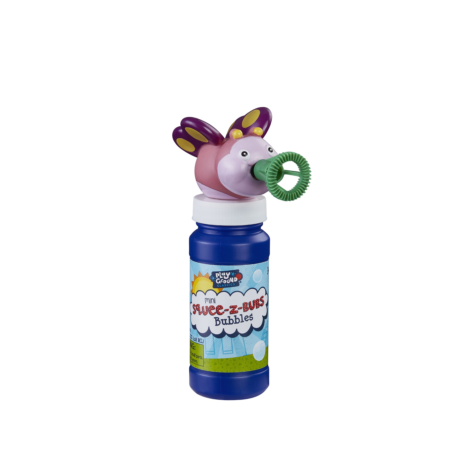 A blue bottle of Playground Classics Squee-Z Bub Bubbles with a butterfly-shaped wand cap featuring pink wings and a smiling face. Ideal for kids and outdoor play, this bubble solution brings classic fun from Playground Classics.