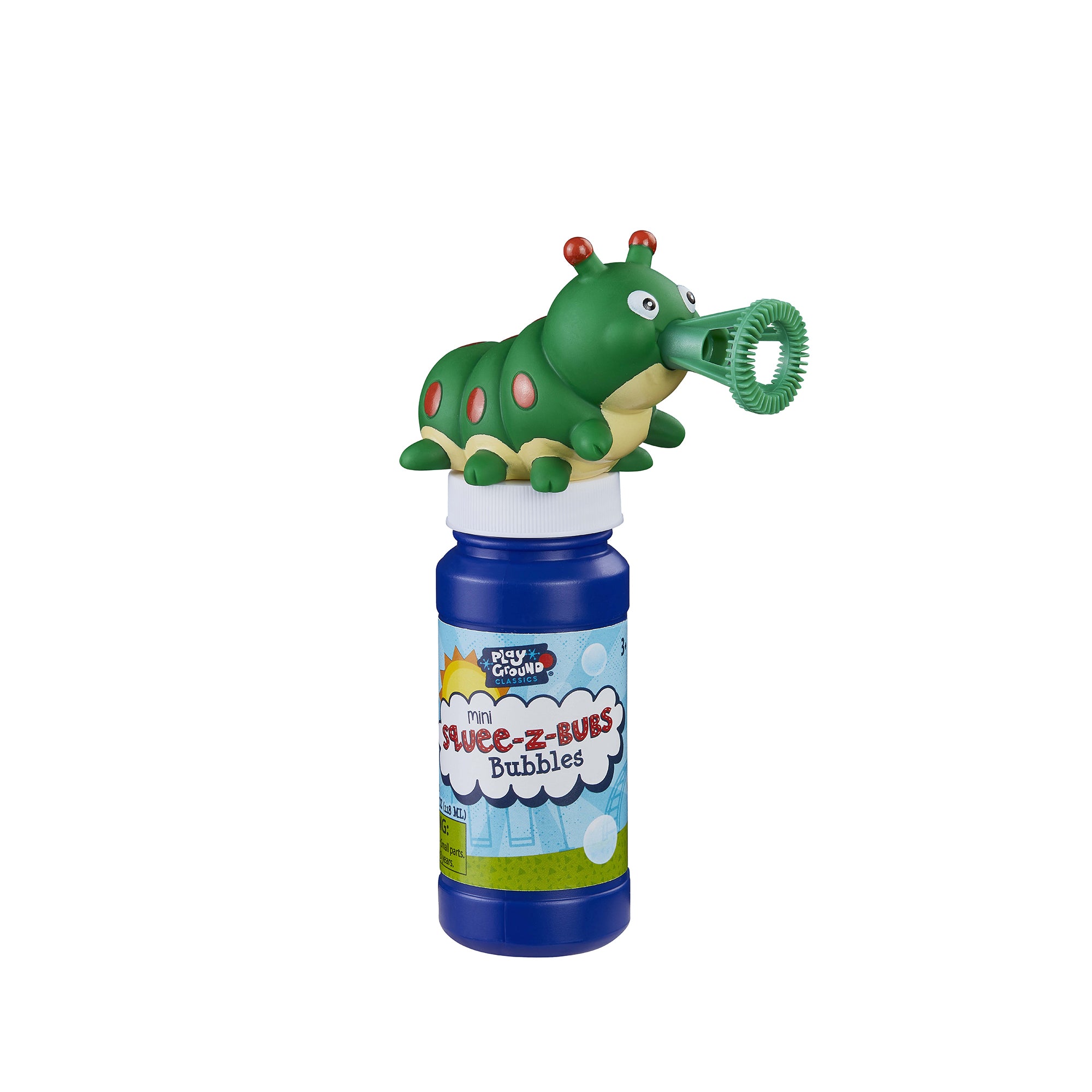 The Playground Classics Squee-Z Bub Bubbles features a green caterpillar-shaped bubble blower, making it perfect for kids’ outdoor fun. From Playground Classics.