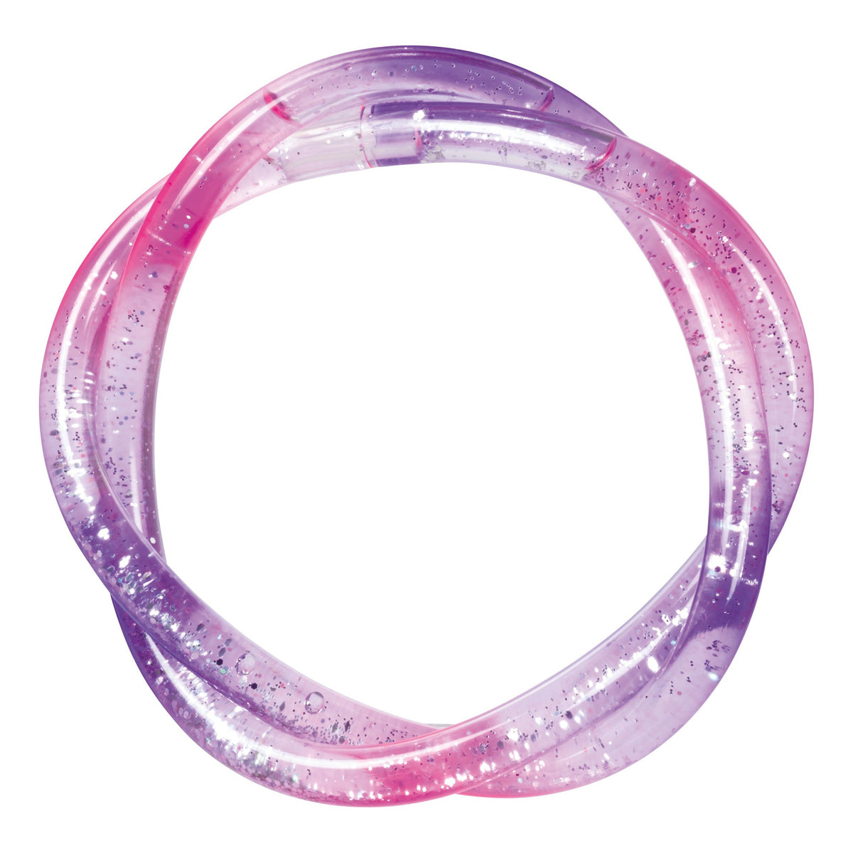 The Toysmith Mermaid Twisty Bracelets by Toysmith feature a round, twistable design with a pink-to-purple gradient, sparkling glitter, and interlocking loops—ideal for mermaid bracelet fans.