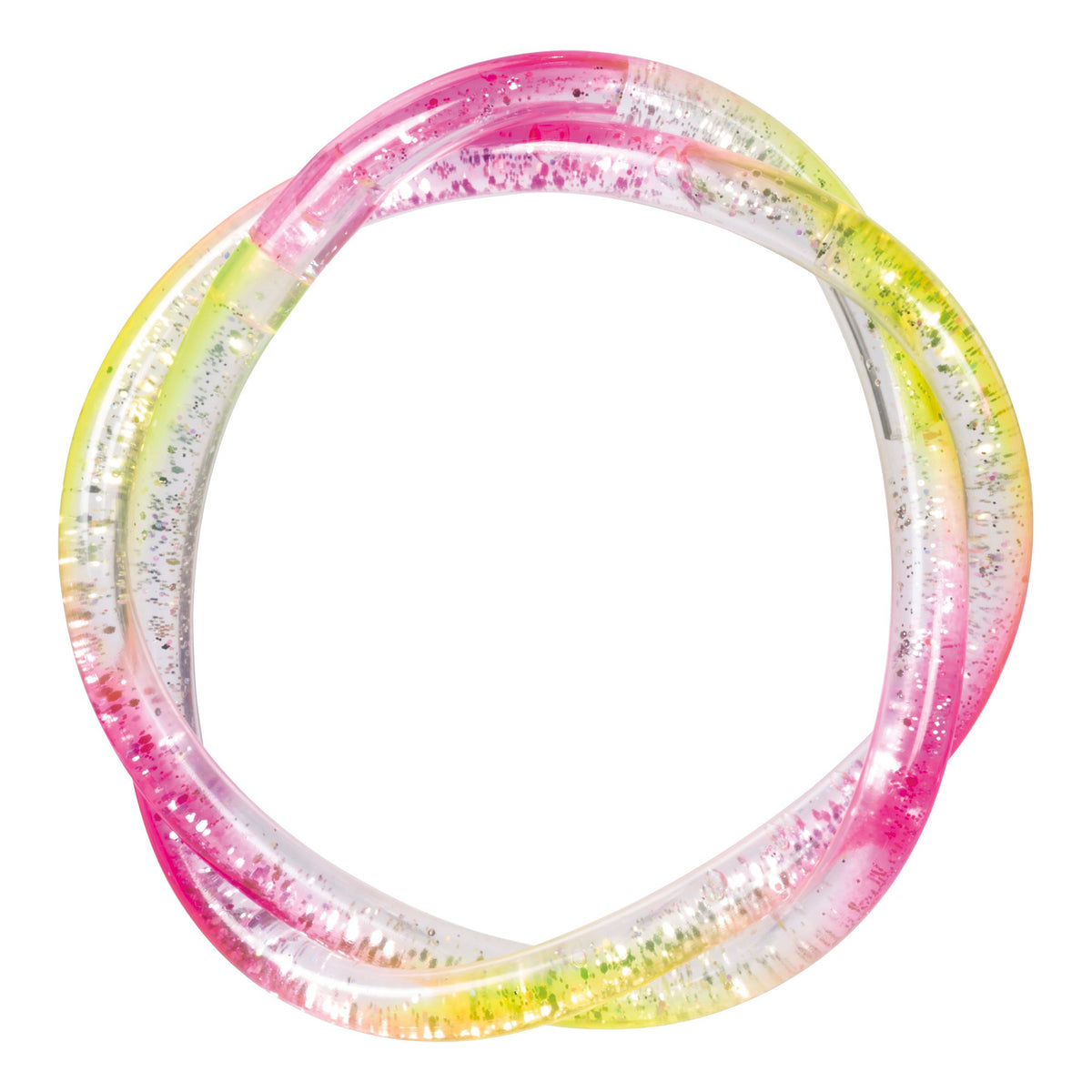 The Toysmith Mermaid Twisty Bracelet by Toysmith is a clear plastic infinity-shaped fidget bracelet filled with pink, yellow, and white liquid plus glitter.