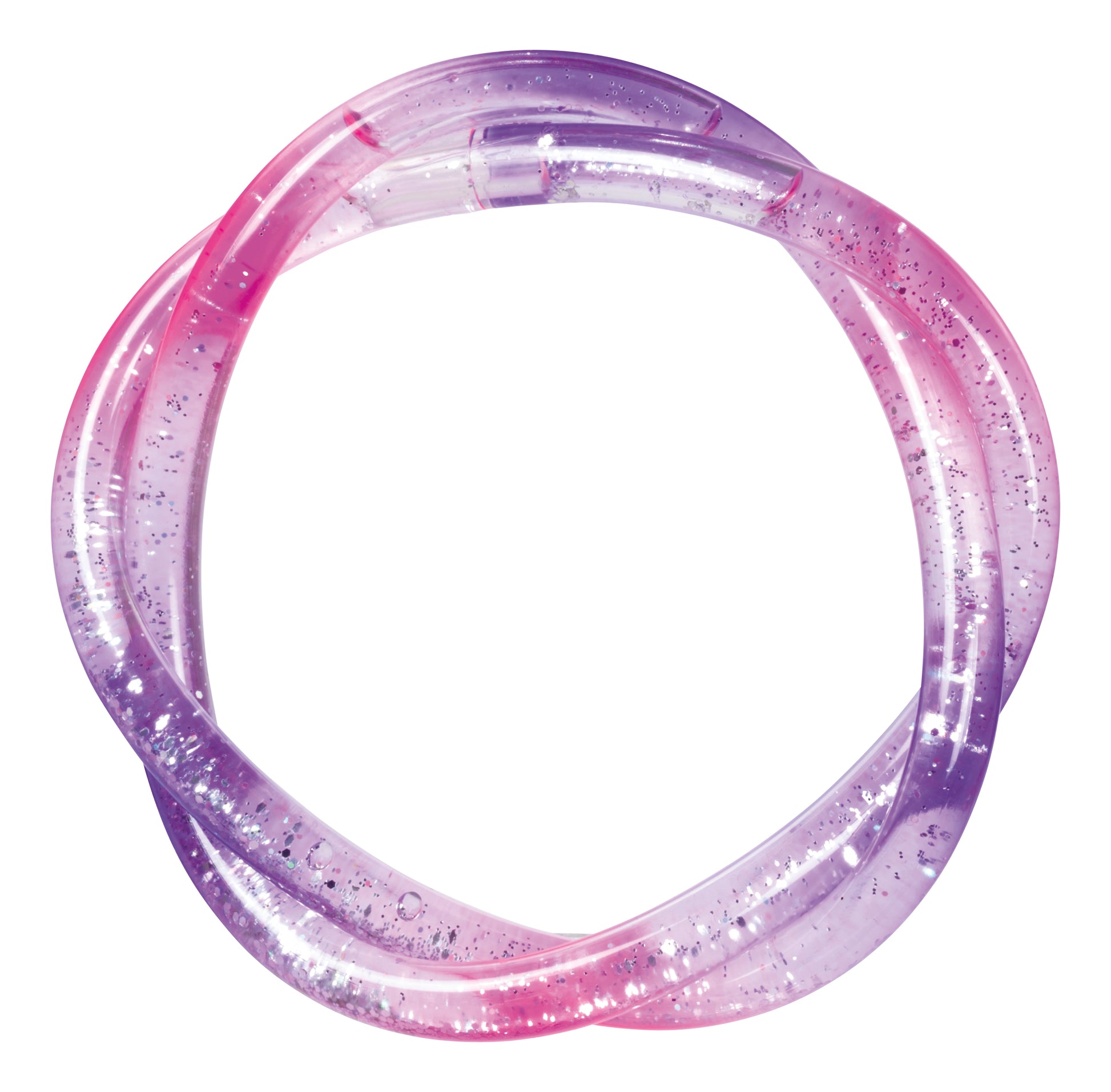 The Toysmith Mermaid Twist Bracelet by Toysmith is a sparkly, flexible bracelet with a pink-to-purple gradient, featuring clear and glittery sections that form a stylish loop.