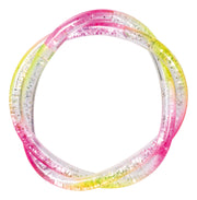 The Toysmith Mermaid Twist Bracelet by Toysmith is a figure-eight shaped, translucent plastic ring with pink, yellow, and clear glittery sections.
