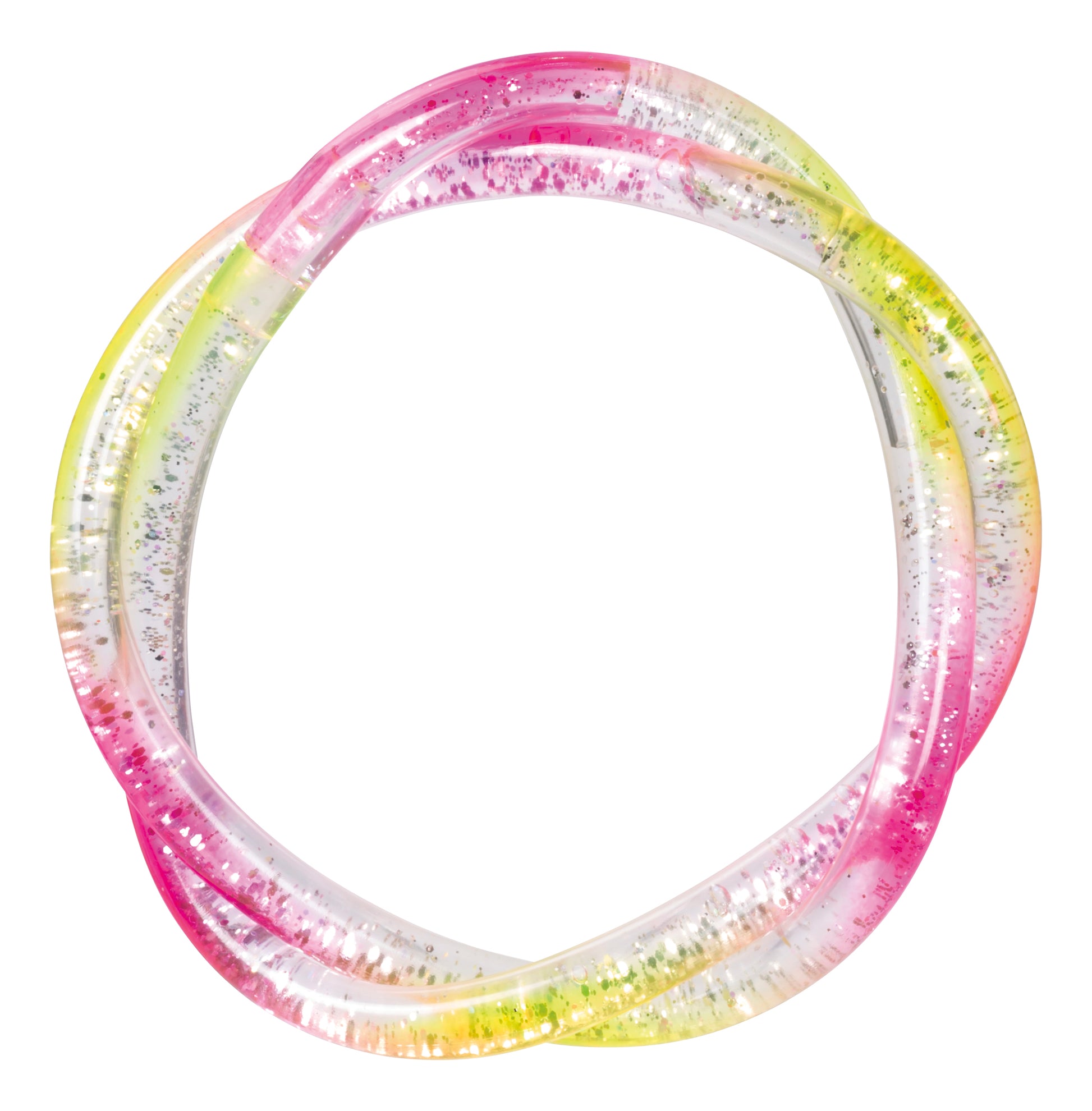 The Toysmith Mermaid Twist Bracelet by Toysmith is a figure-eight shaped, translucent plastic ring with pink, yellow, and clear glittery sections.