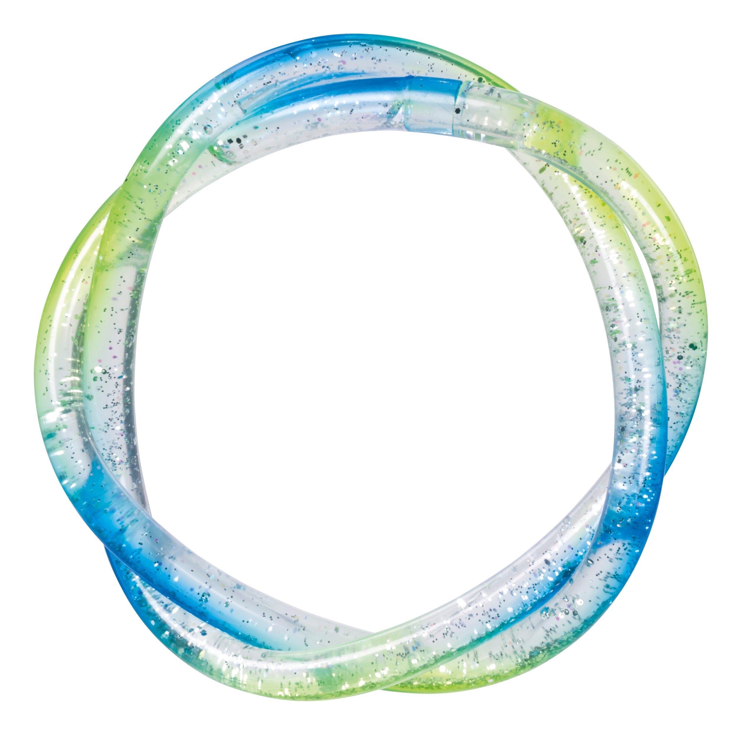 The Toysmith Mermaid Twist Bracelet by Toysmith features two intertwined, flexible tubes in blue, green, and clear colors, filled with glitter for a fun circular fidget toy experience.