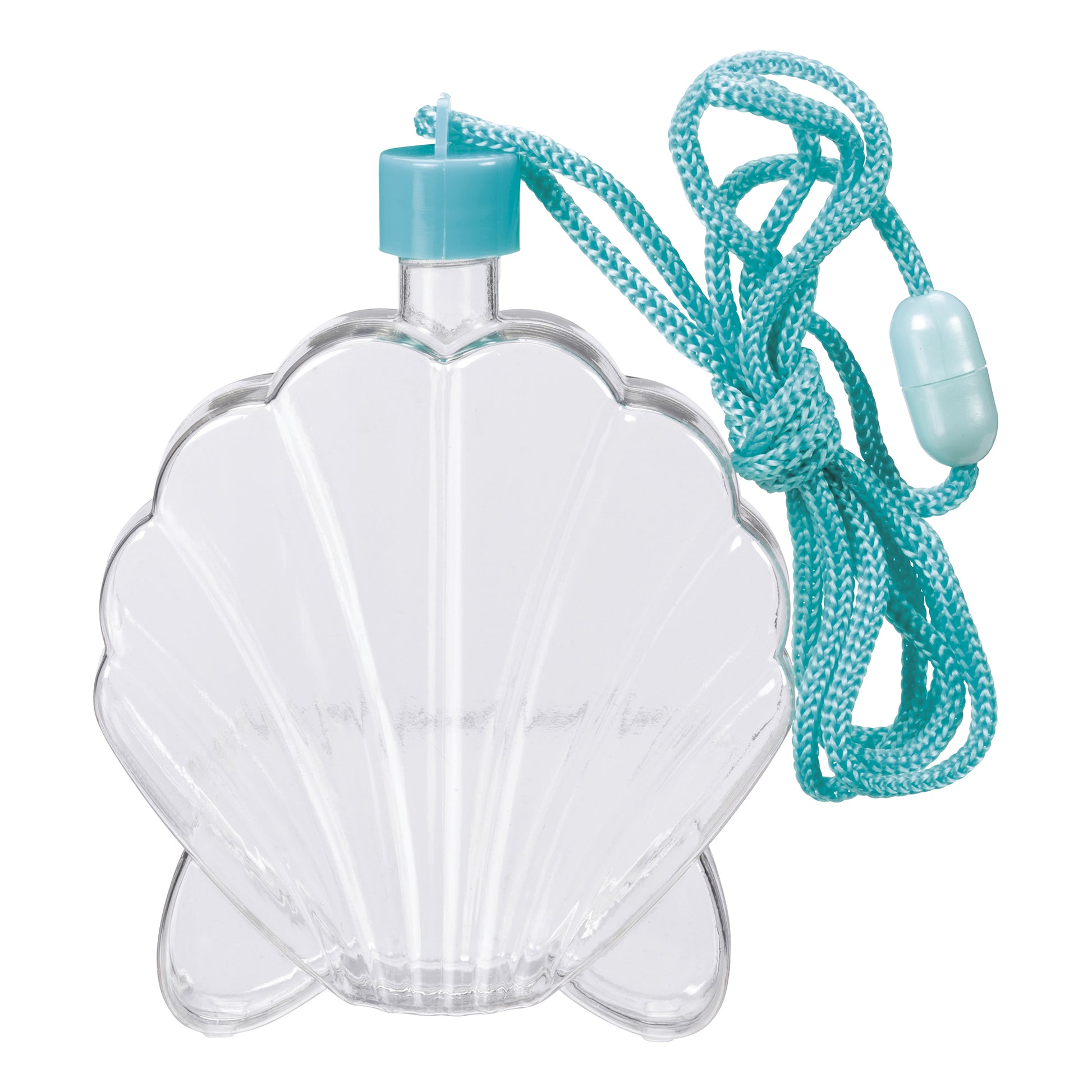 The Toysmith Mermaid Sand Art features a clear, shell-shaped plastic bottle with a turquoise cap and matching lanyard with safety clasp. Comes in assorted styles; specific designs cannot be selected.