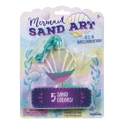 Toysmith Mermaid Sand Art kit includes a shell-shaped container, green string, and five sand colors. Packaging shows seashell and ocean designs. Assorted styles; no design or color selection. For ages 5+.