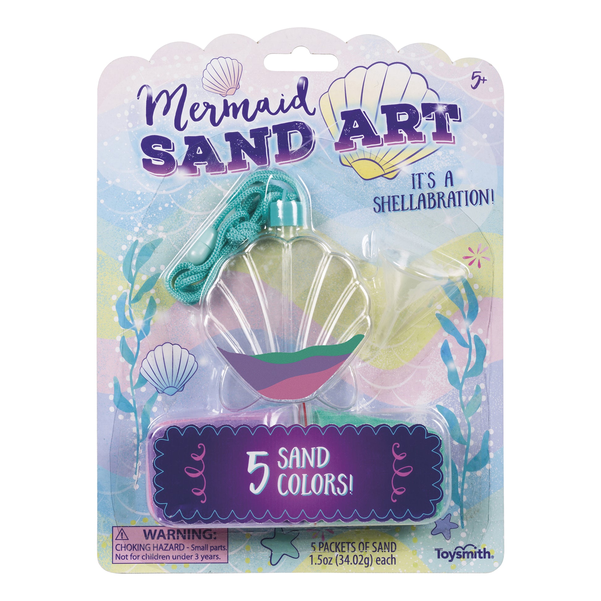 Toysmith Mermaid Sand Art kit includes a shell-shaped container, green string, and five sand colors. Packaging shows seashell and ocean designs. Assorted styles; no design or color selection. For ages 5+.