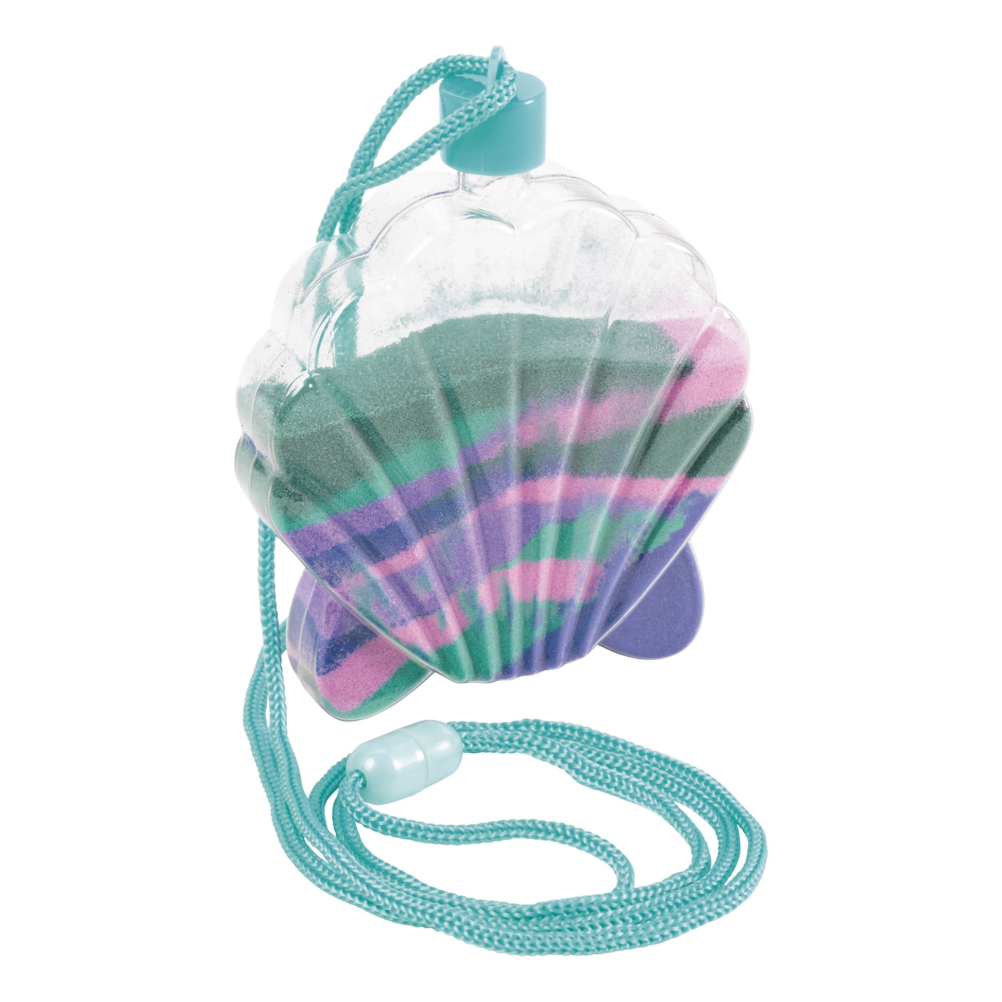 The Toysmith Mermaid Sand Art features a shell-shaped clear plastic container filled with layered colored sand, attached to a turquoise string with a plastic clasp. Assorted styles; colors cannot be chosen.