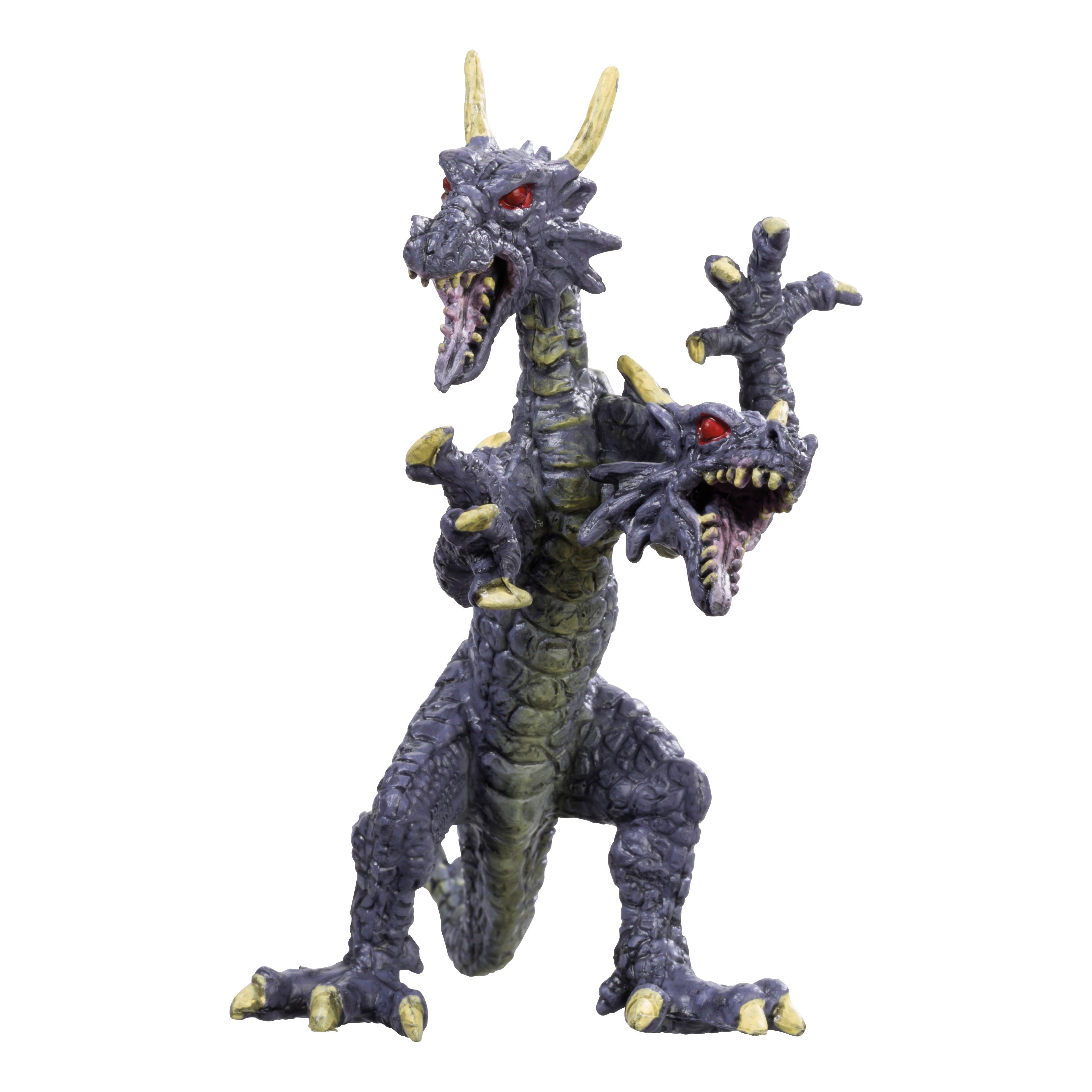 The Toysmith Magic Dragon Assorted by Toysmith features a two-headed dragon with dark purple scales, gold claws and horns, red eyes, and an aggressive stance—an ideal fantasy toy for imaginative play against a white background.